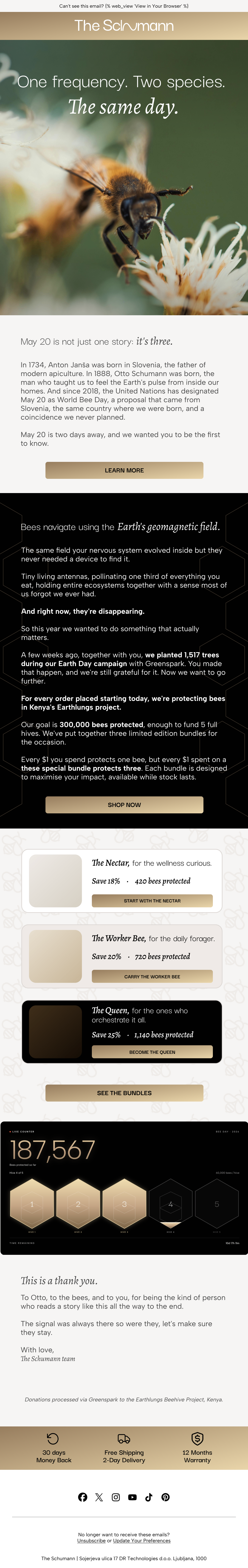 The Schumann A Field of Signals Returning story-led campaign email featuring Bee Day bundles and Greenspark-verified impact