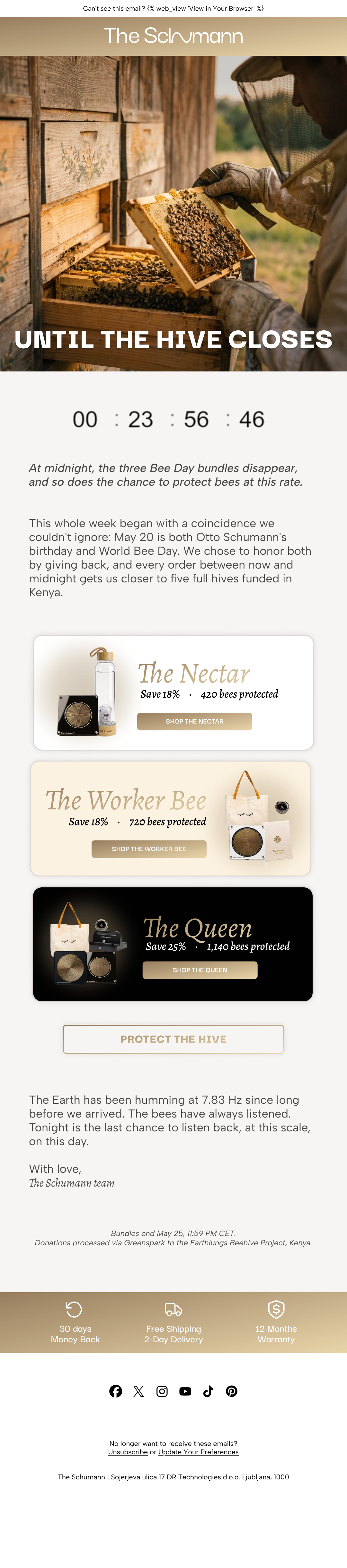 The Schumann Until the Hive Closes campaign email with Bee Day bundles, countdown timer, and bee protection messaging
