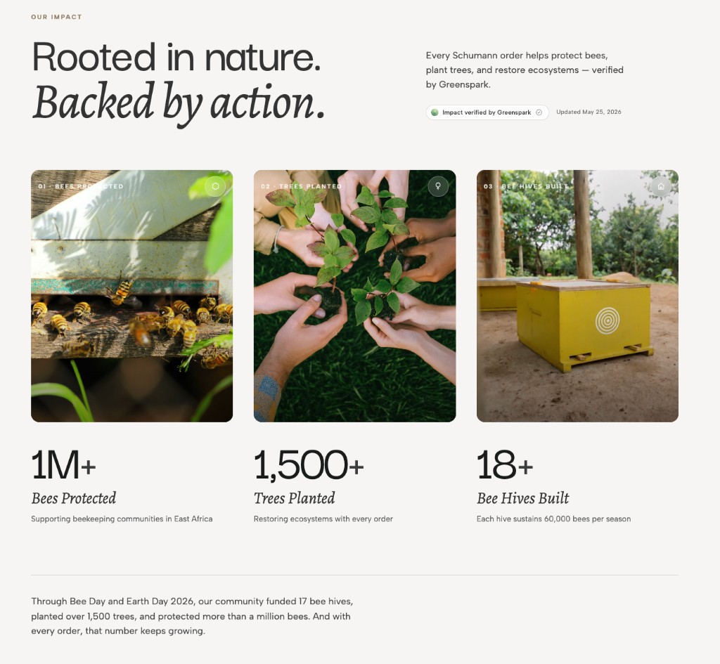 The Schumann website impact section displaying bees protected, trees planted, and bee hives built with Greenspark verification