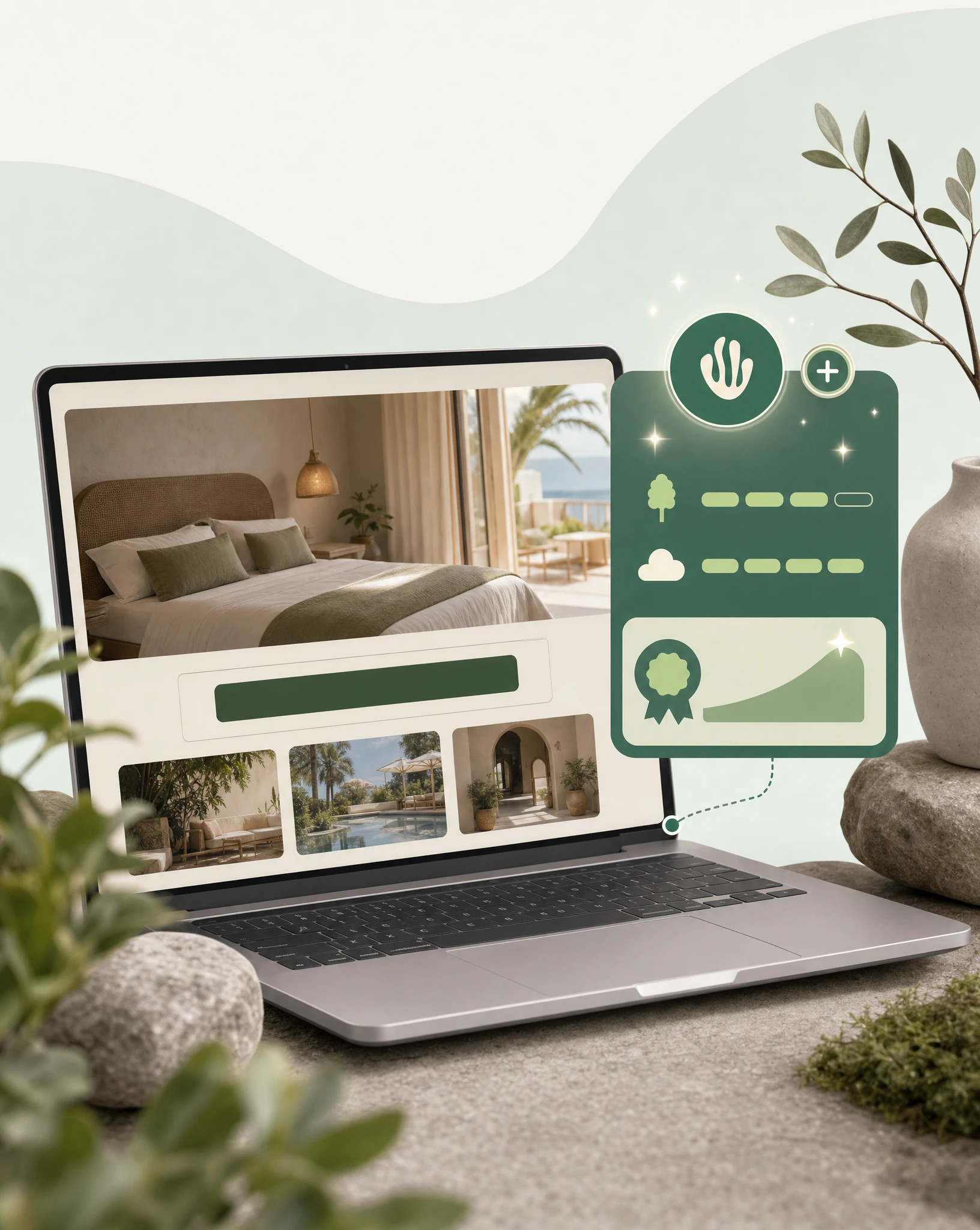 Hotel direct booking website on a laptop with an incentive banner and extra Greenspark verified impact unlocked when booking direct.