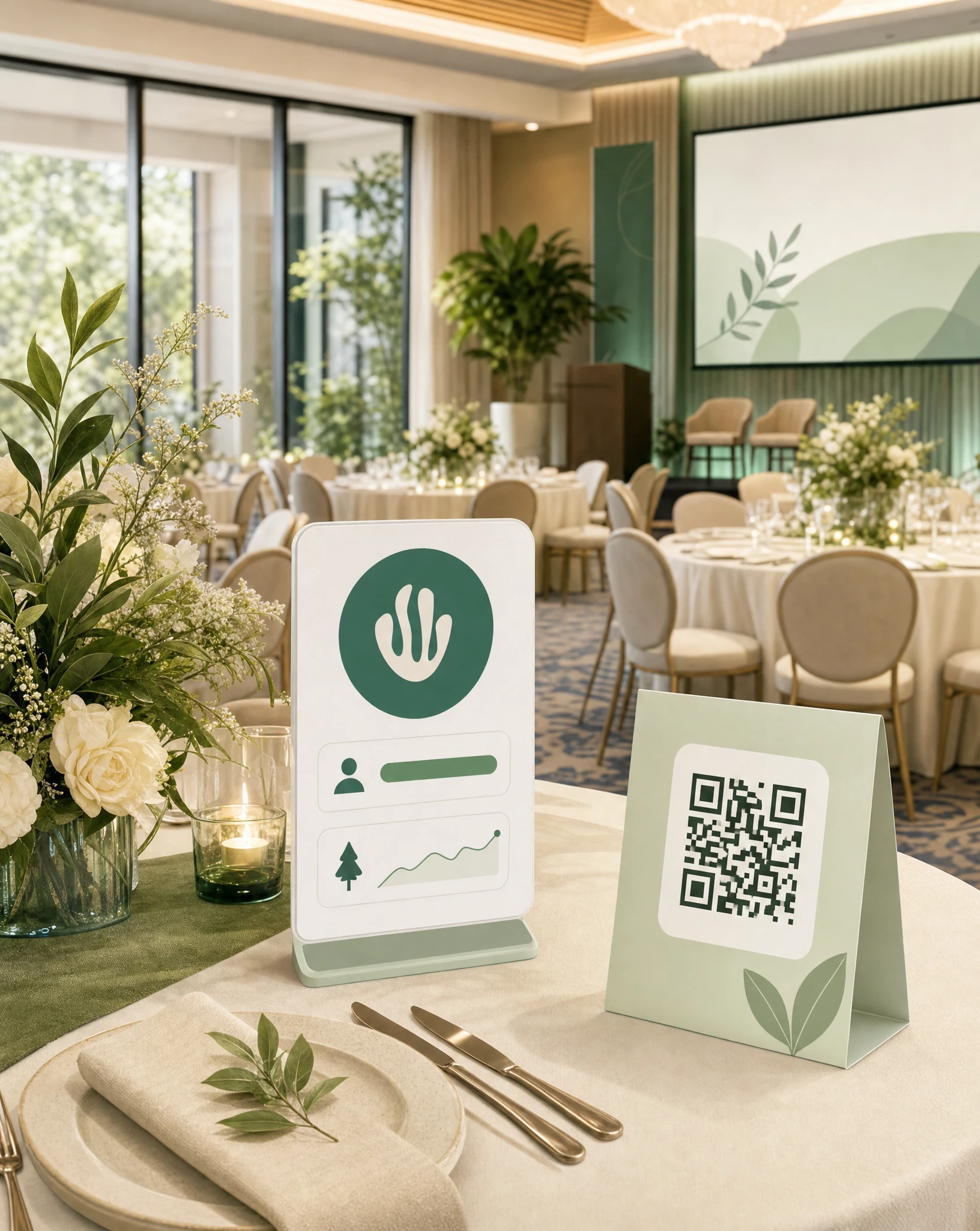 Elegant hotel event space with QR signage and Greenspark verified impact widget per attendee.