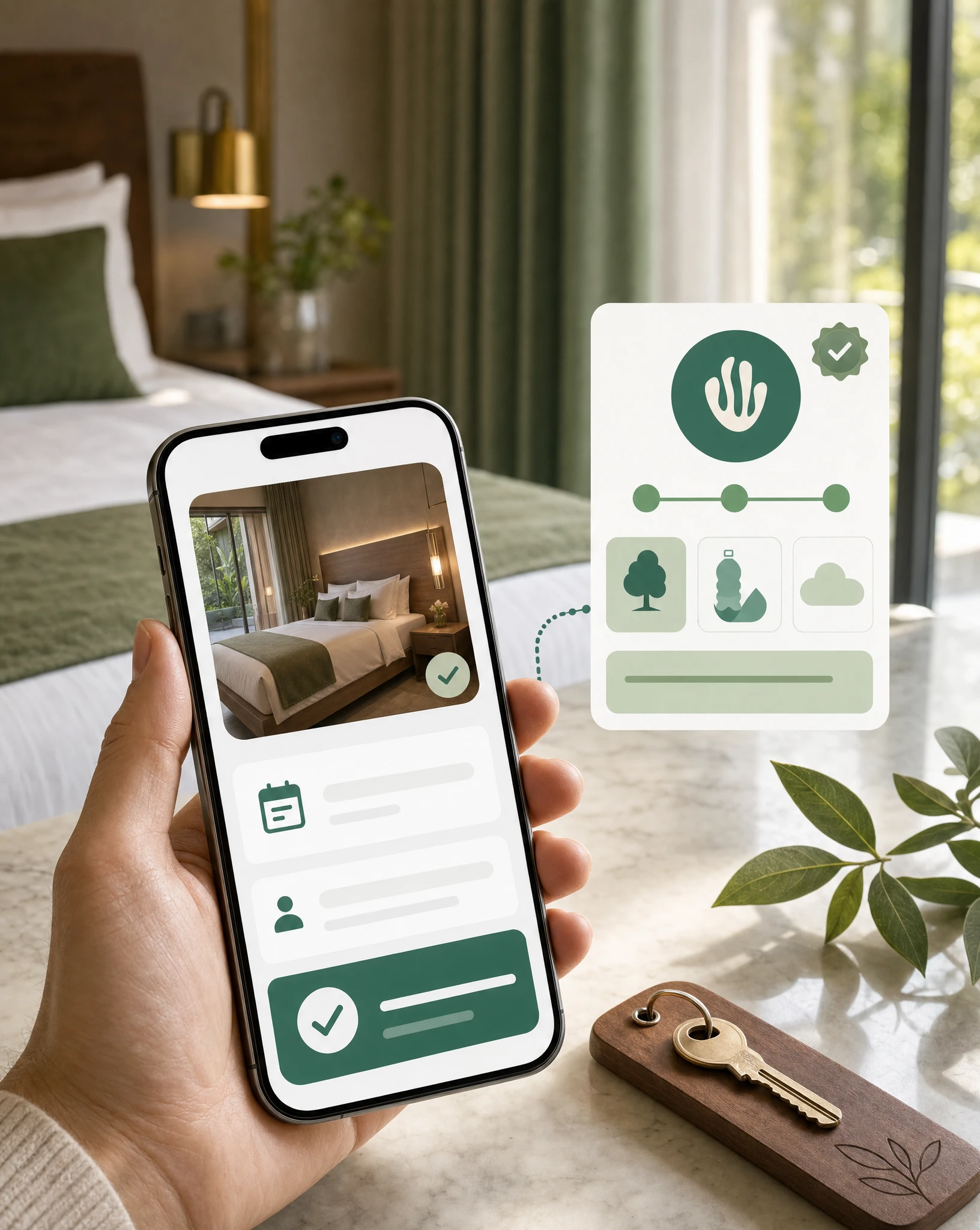 Hotel direct booking confirmation on a smartphone with a Greenspark verified impact widget funded by the reservation.