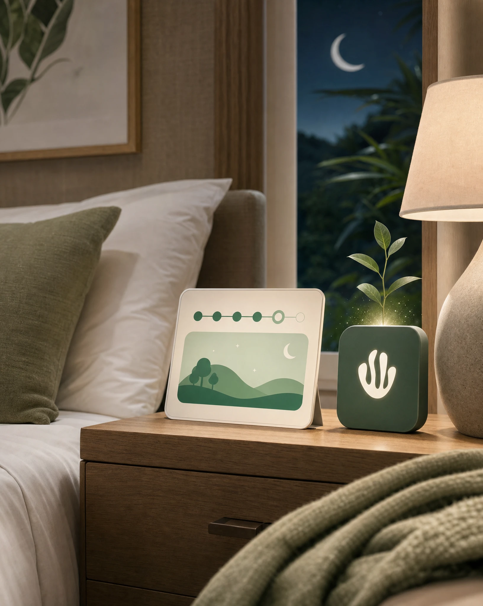 Luxury hotel guest room bedside scene with a nights-stayed progress indicator and Greenspark impact widget scaling with each night.