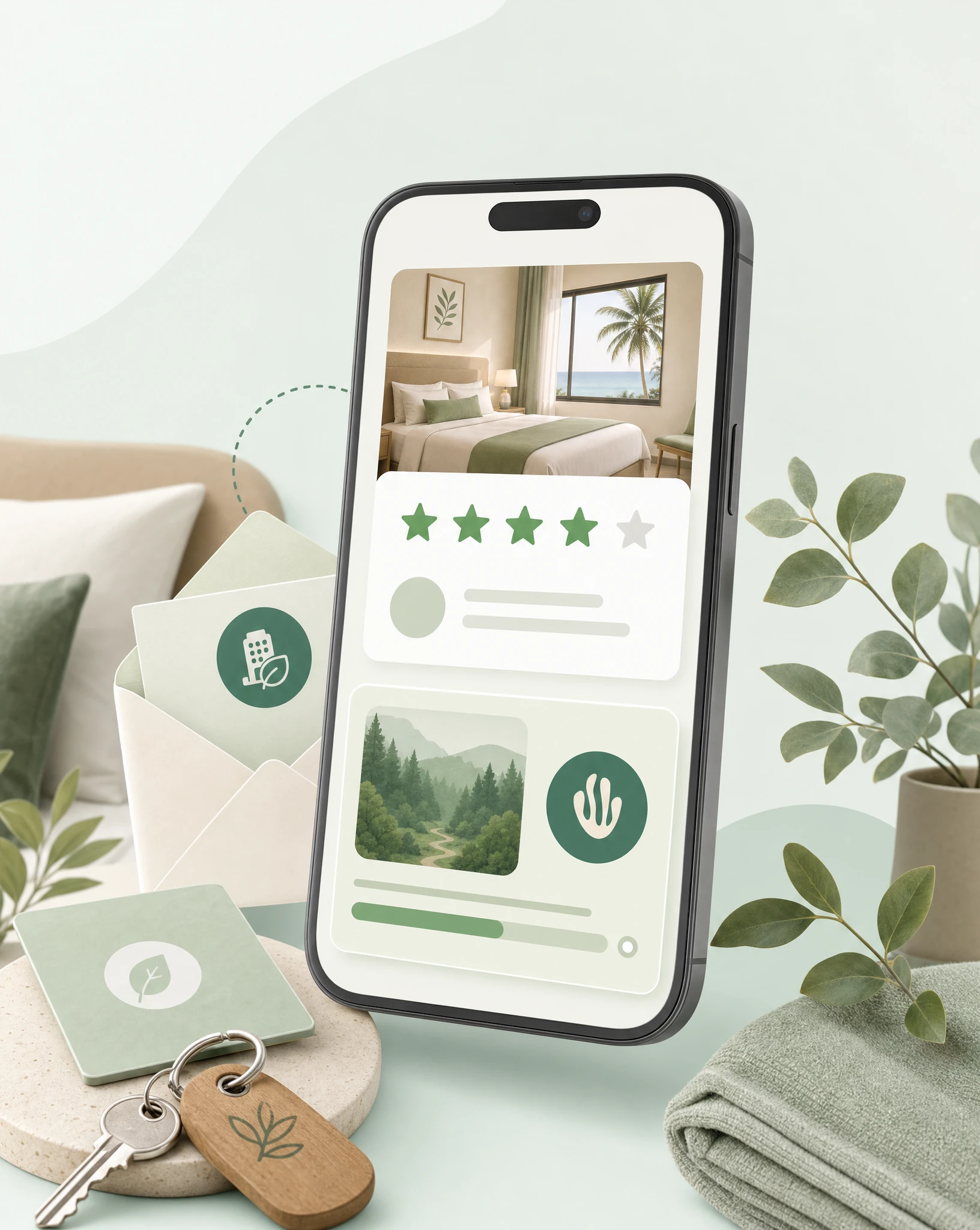 Smartphone showing a hotel review request with star ratings and a Greenspark impact reward for leaving feedback.