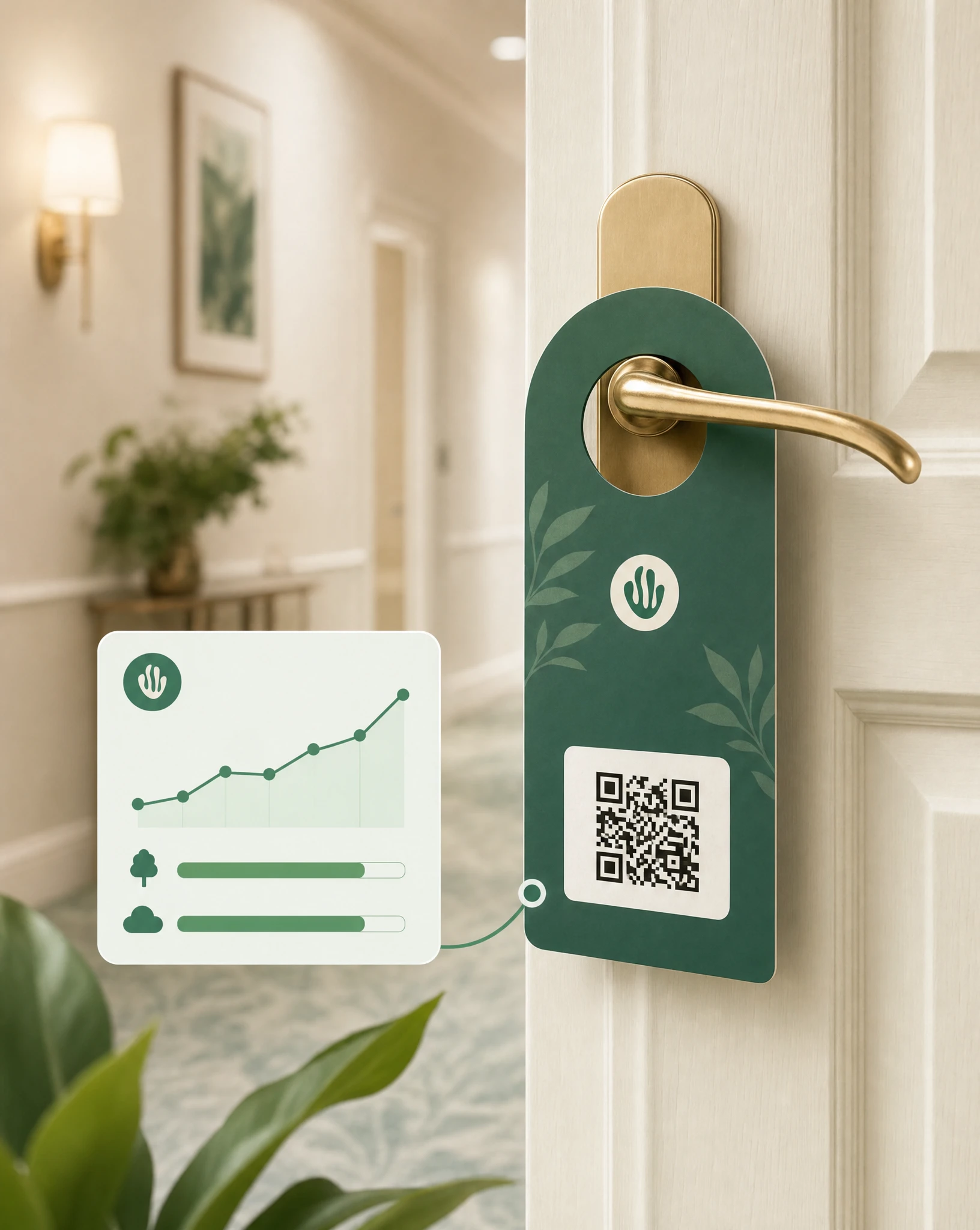 Premium hotel door hanger on a room handle with QR code and Greenspark verified impact widget for housekeeping opt-out.