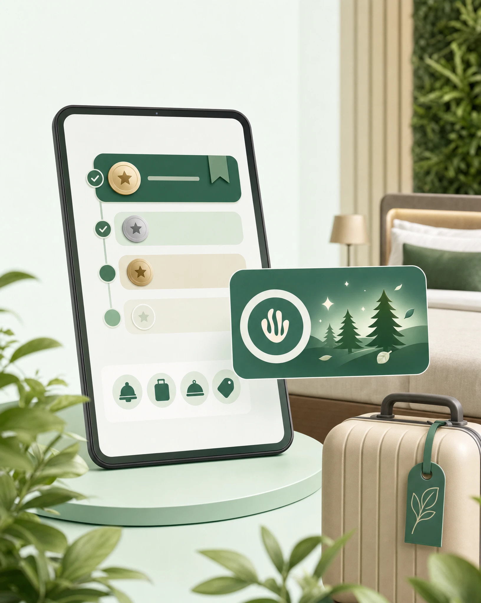 Hotel loyalty member dashboard with tier milestone progress and Greenspark impact unlocked for repeat stays.