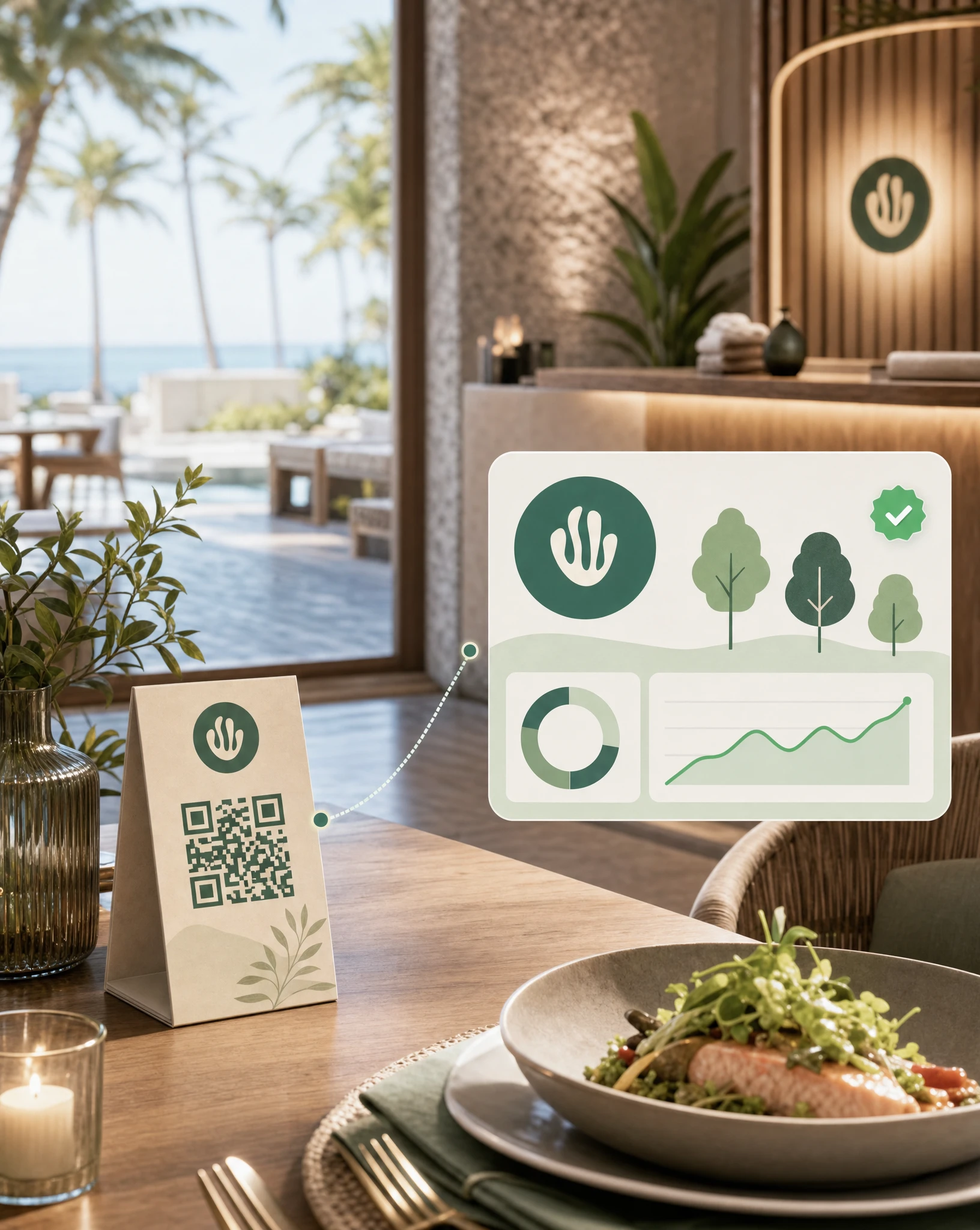 Luxury hotel dining and spa scene with menu card and Greenspark impact widget funded by on-property purchase.