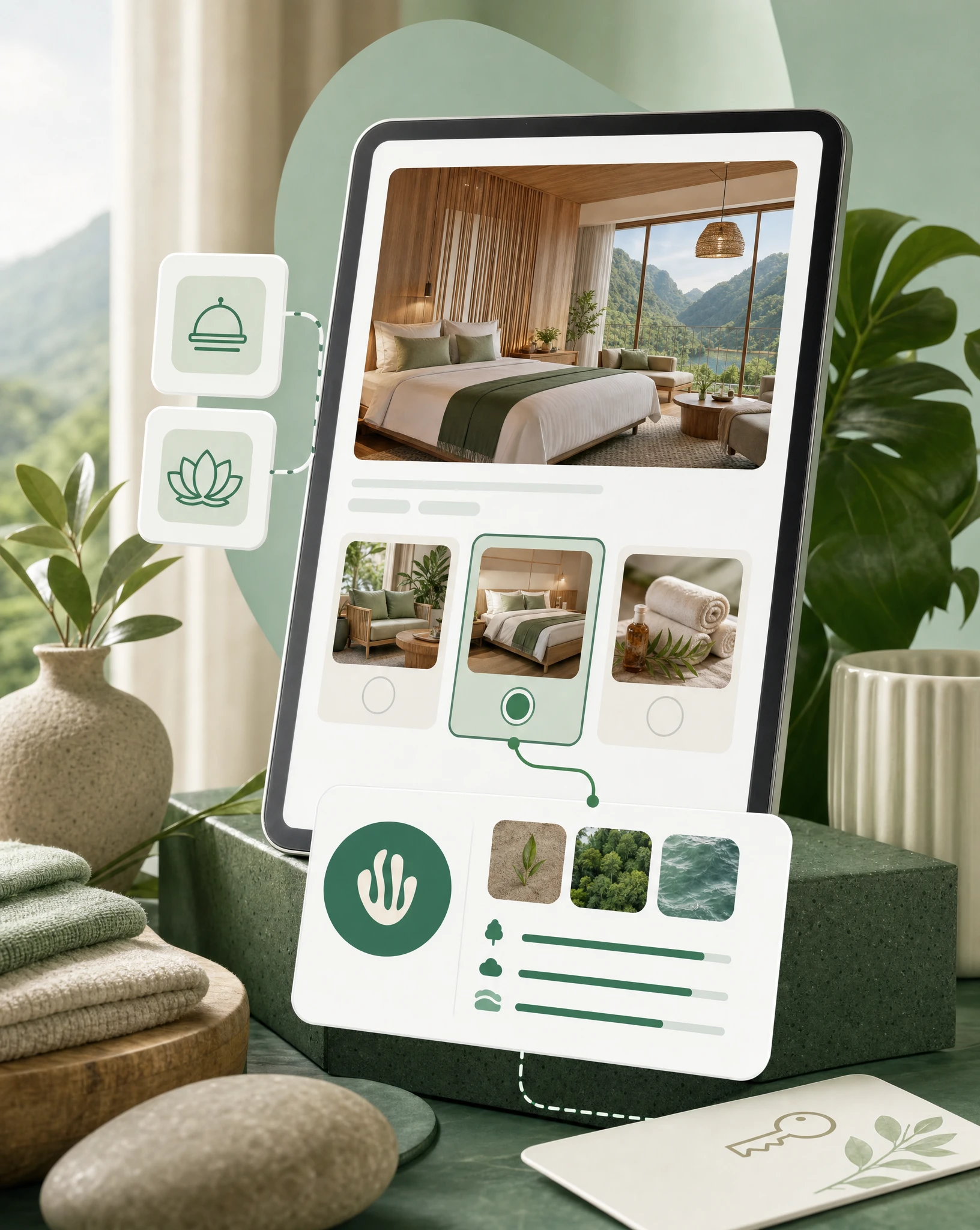 Premium hotel package booking on a tablet with upgrade options and a Greenspark impact widget linked to verified environmental projects.