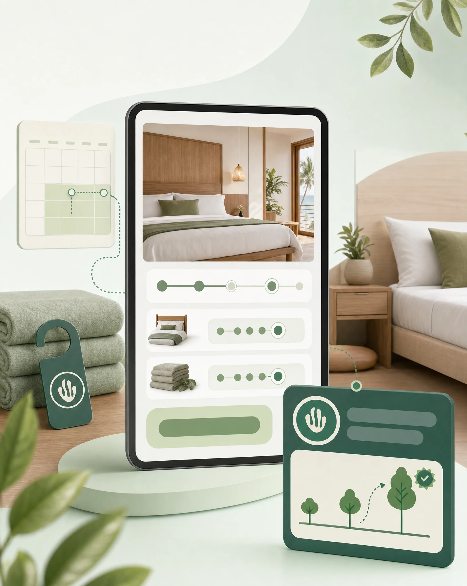 Hotel booking flow with stay-length milestone tracker and Greenspark impact widget unlocking additional verified impact for longer stays.