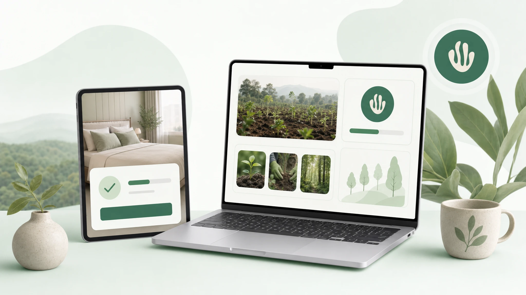 Hotel direct booking confirmation with Greenspark tree-planting impact widget on a laptop or tablet.