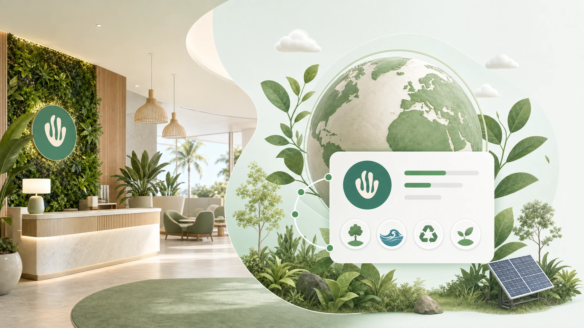 Hotel Earth Month campaign with globe, spring greenery and verified environmental projects.