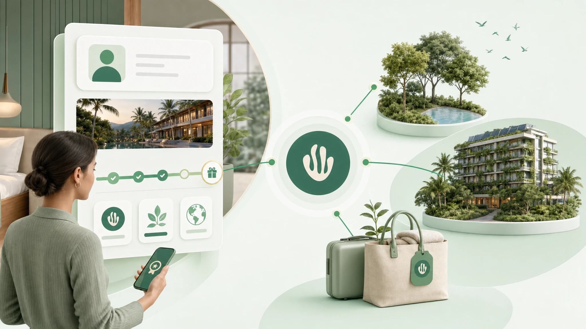 Hotel loyalty member dashboard with tier milestone progress unlocking extra verified impact.