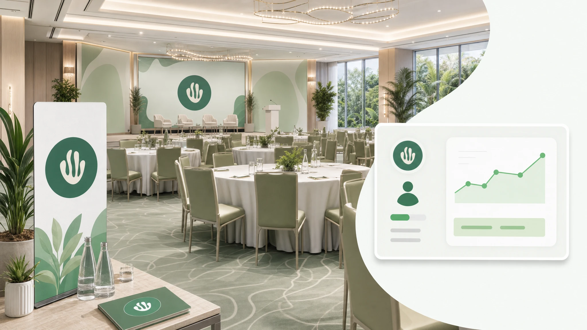 Elegant hotel conference space with per-attendee Greenspark verified impact tracking.