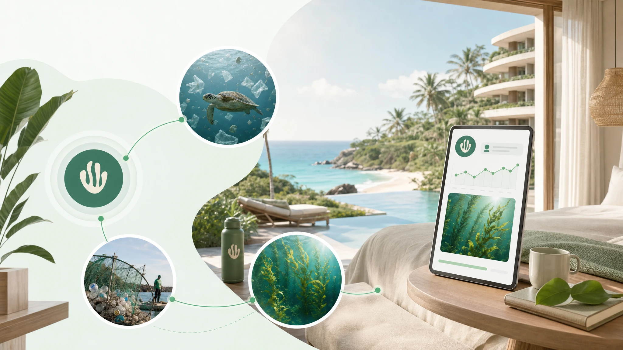 Coastal resort booking scene with ocean-bound plastic recovery and kelp restoration impact.