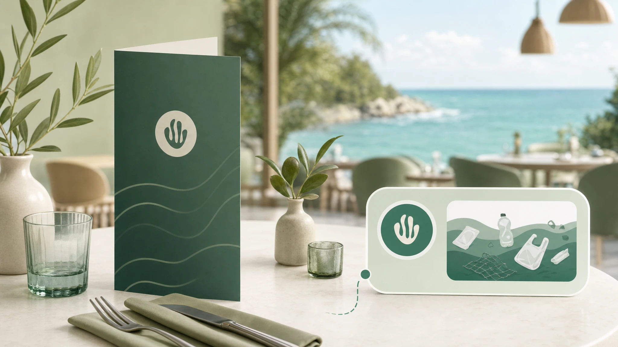 Hotel dining scene with ocean-bound plastic recovery impact for a Plastic Free July campaign.