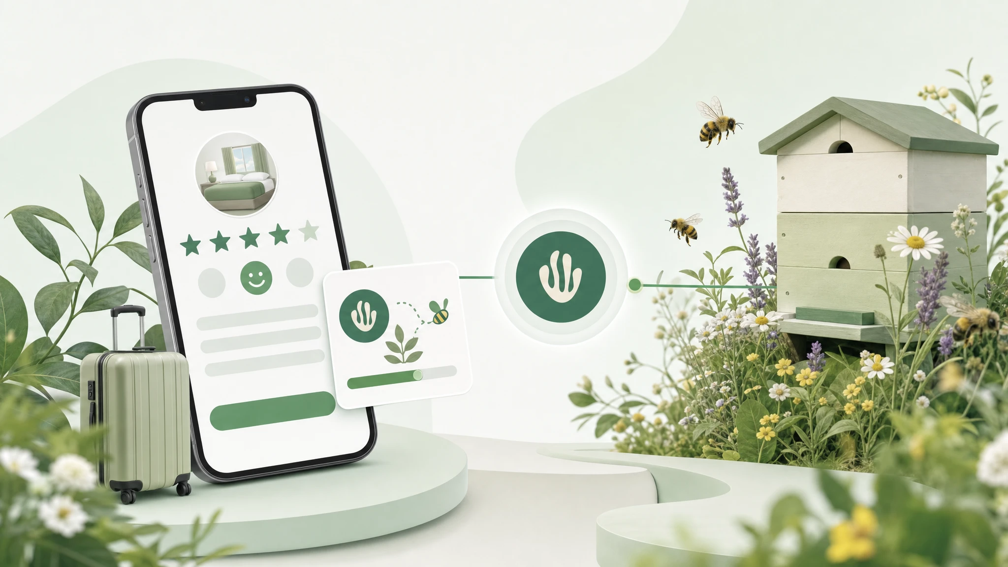 Post-stay hotel review flow on a phone with star ratings and pollinator protection imagery.