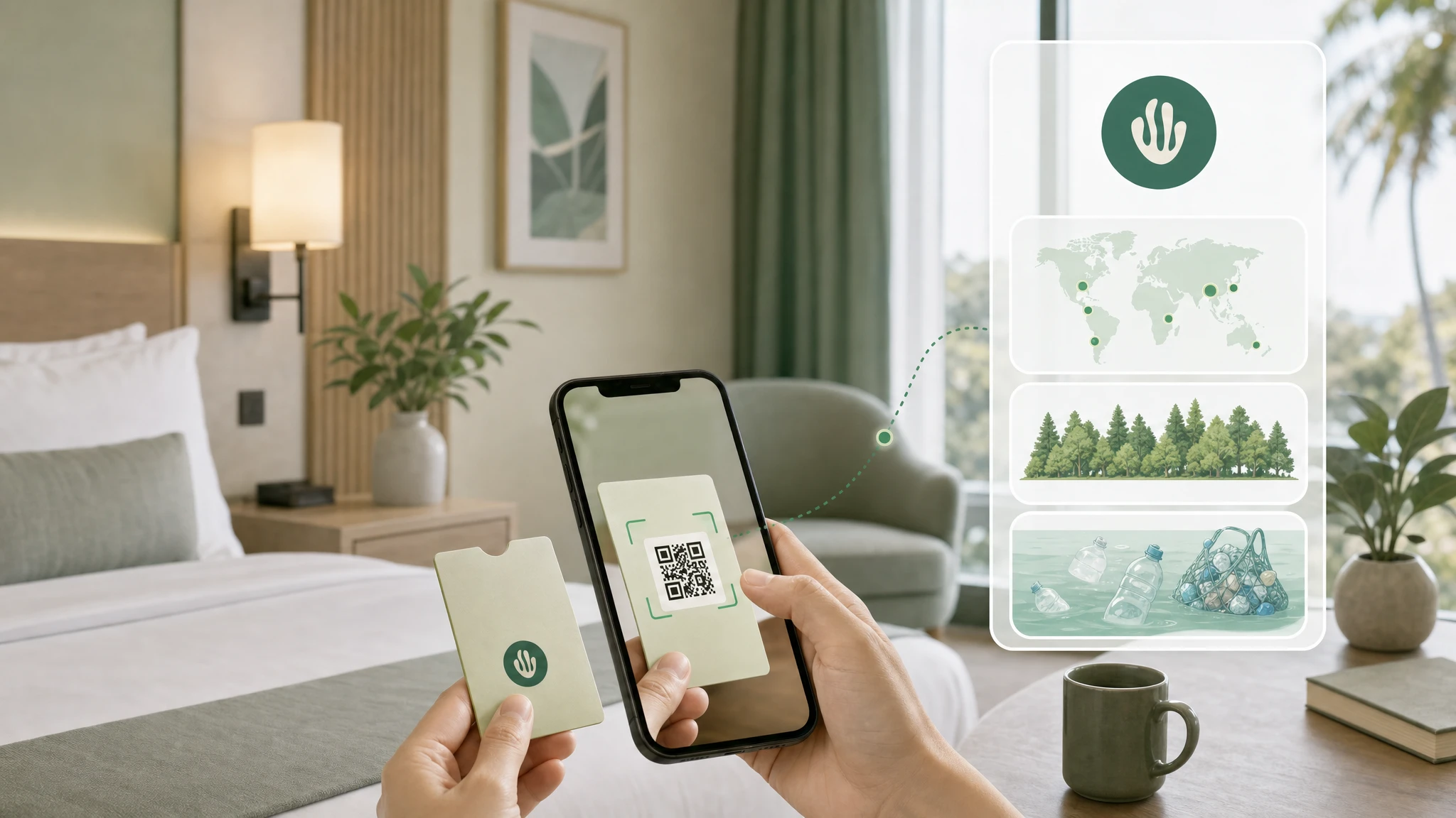 Guest scanning in-room QR code to view Greenspark verified impact proof on their phone.