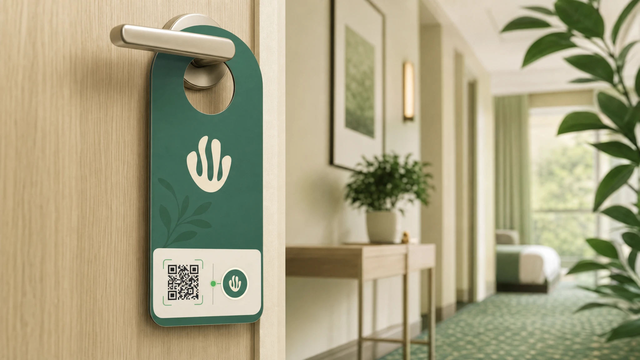 Premium hotel door hanger on a room handle with QR code and Greenspark verified impact for housekeeping opt-out.