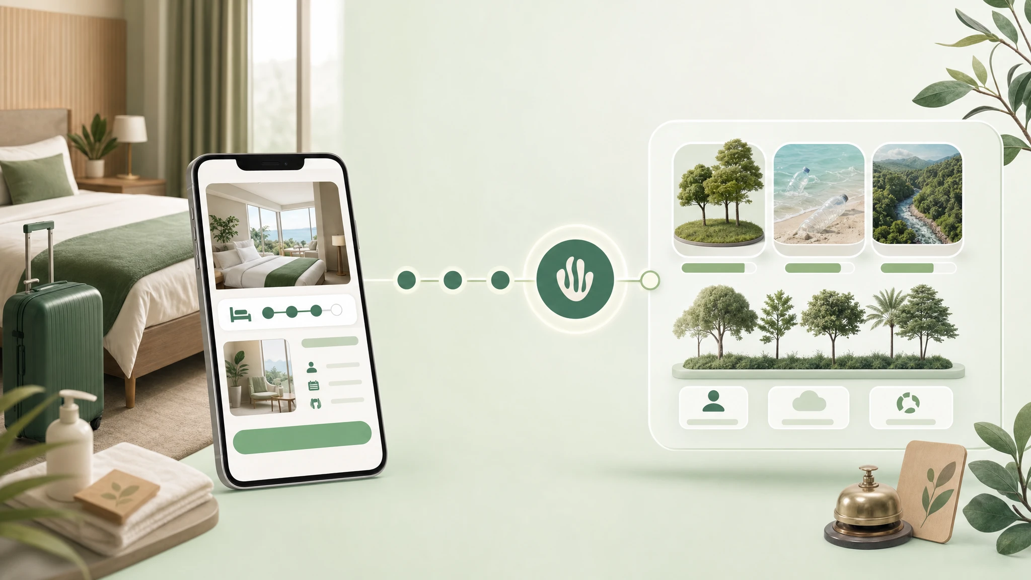 Hotel booking flow showing stay-length milestone progress unlocking extra verified Greenspark impact.