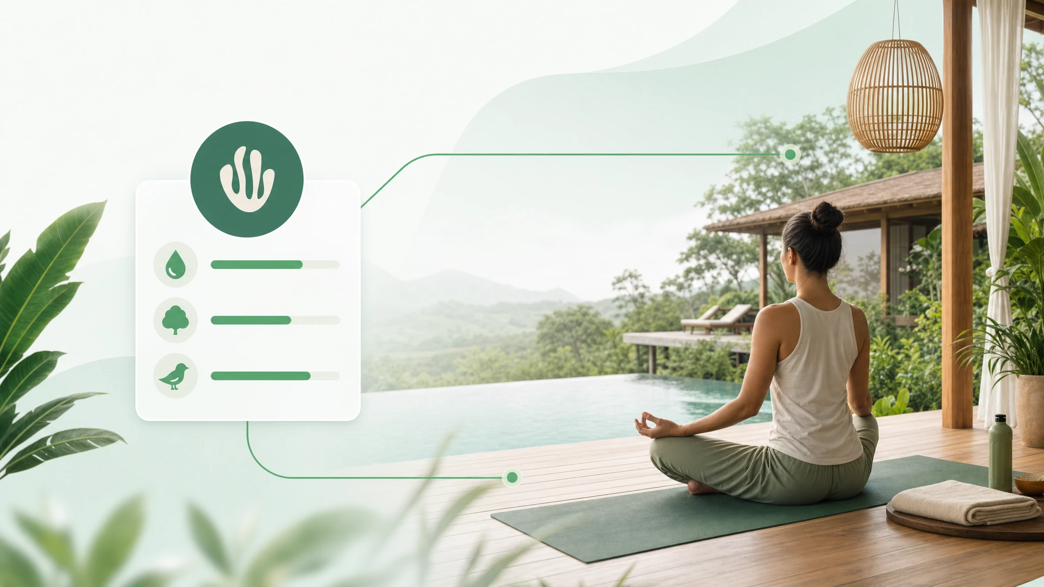 Serene wellness retreat booking scene with Greenspark impact supporting clean water, trees and biodiversity.