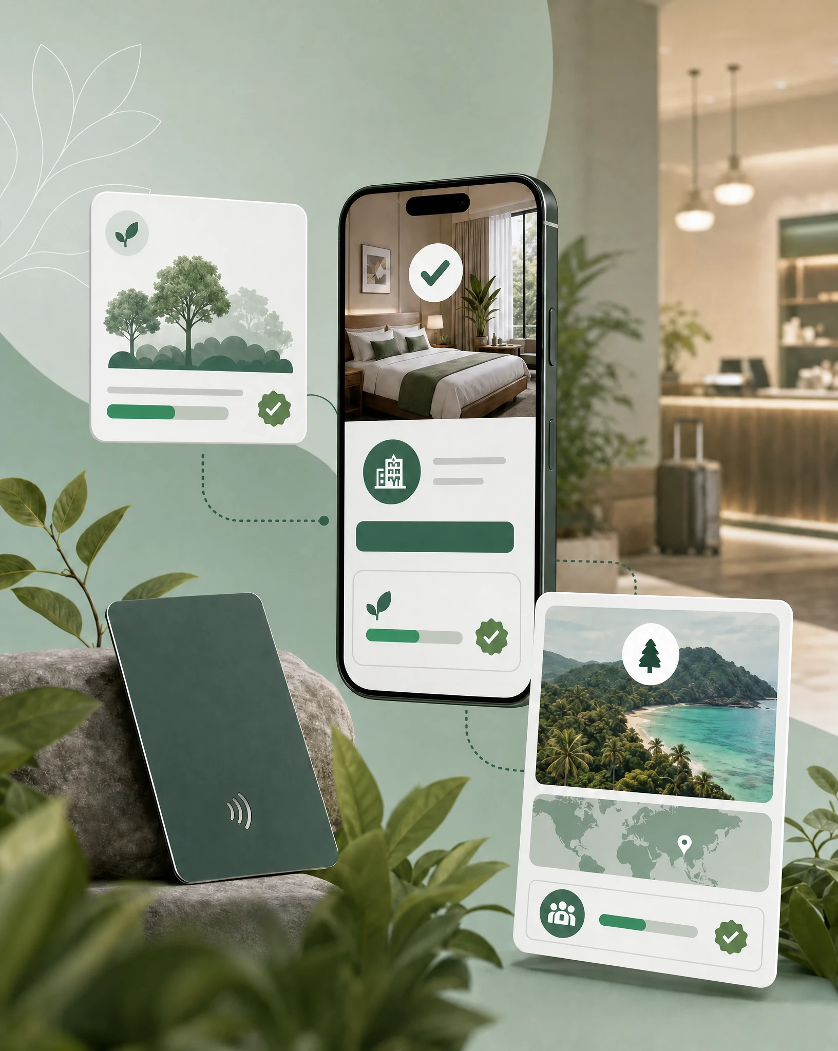 Premium hotel booking journey with guest phone, booking confirmation, room key card, impact widget and verified project card.