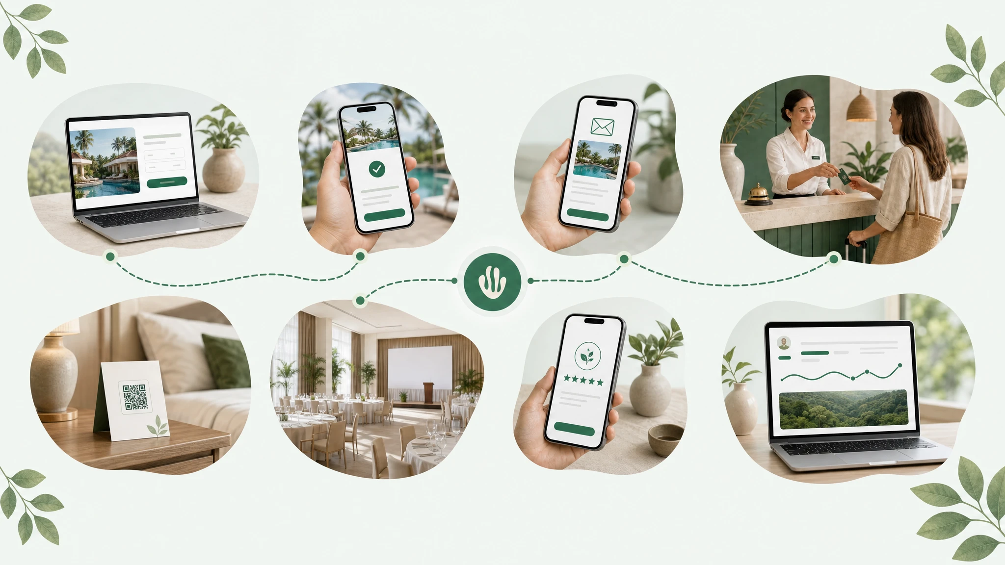 Hospitality guest journey from discovery and booking through the stay, events and loyalty — connected by Greenspark.