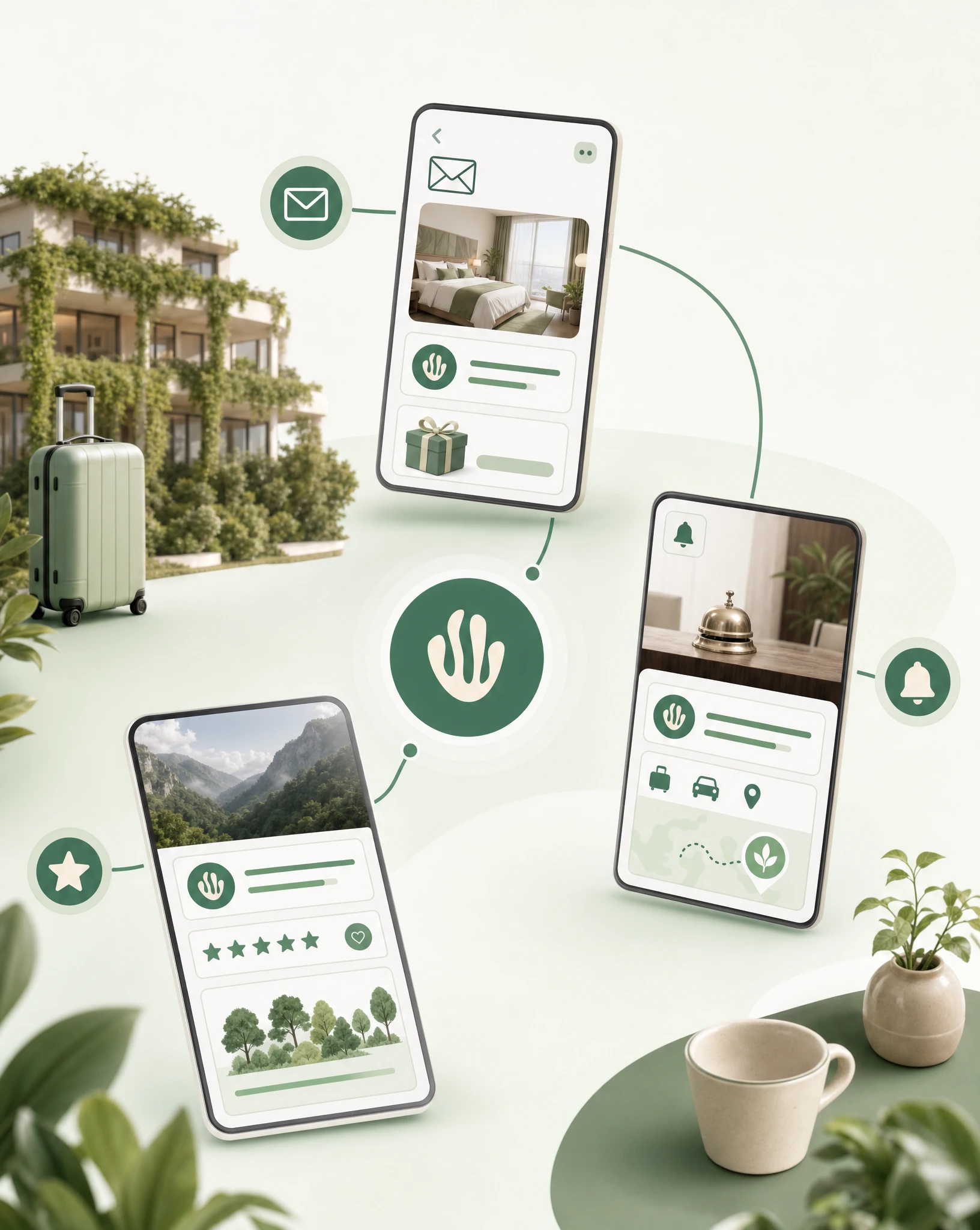 Guest-facing widget and email-style flows showing booking confirmation, pre-arrival messaging, post-stay impact updates and review incentives.