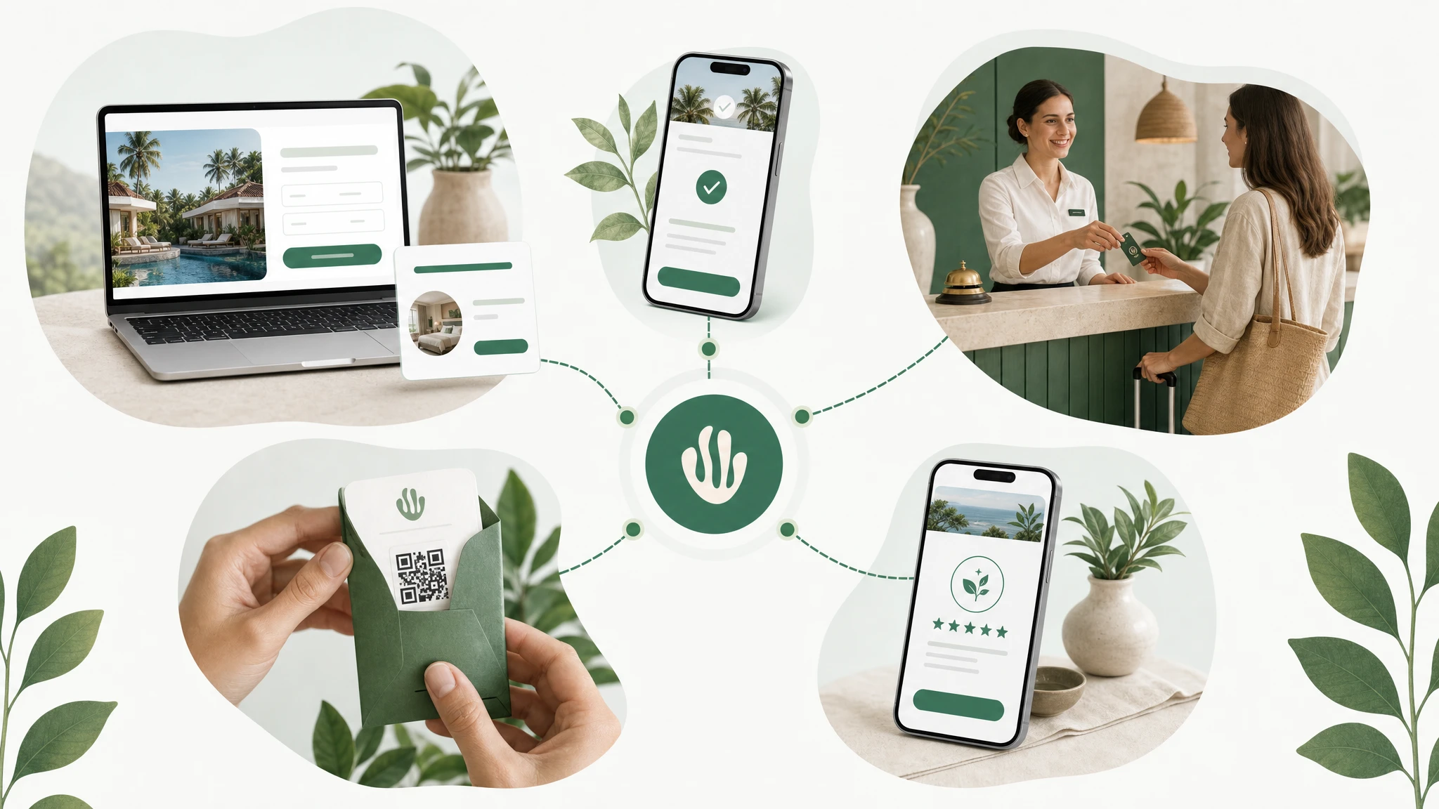 Hotel guest journey across booking website, pre-arrival confirmation, front desk check-in, in-room QR card and post-stay impact update — connected by Greenspark.