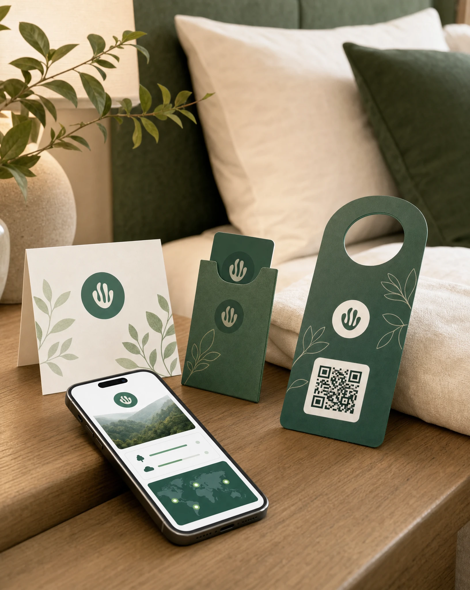 In-room QR card, keycard sleeve and welcome card linking to verified Greenspark impact proof on a guest phone.