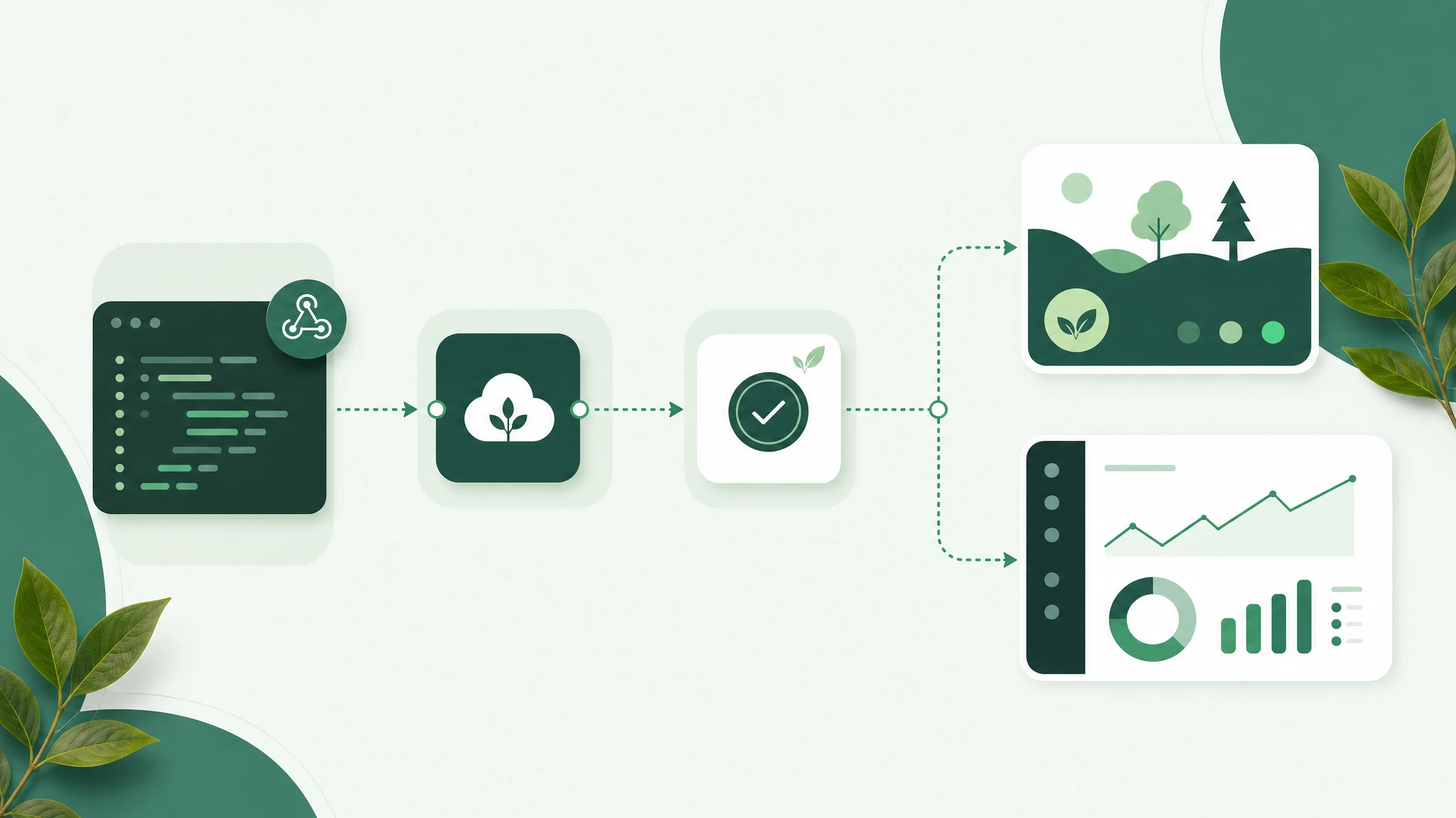 Developer and API visual showing payment event, webhook or custom event, impact creation, customer-facing widget and reporting dashboard.
