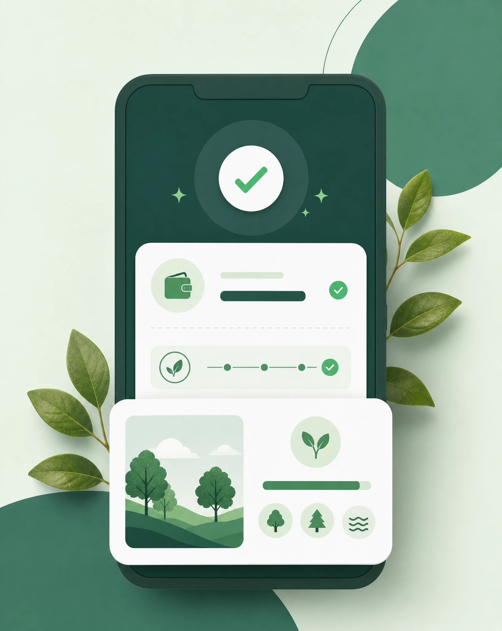 Payment success confirmation on a smartphone with a verified impact widget showing the project funded by the transaction.