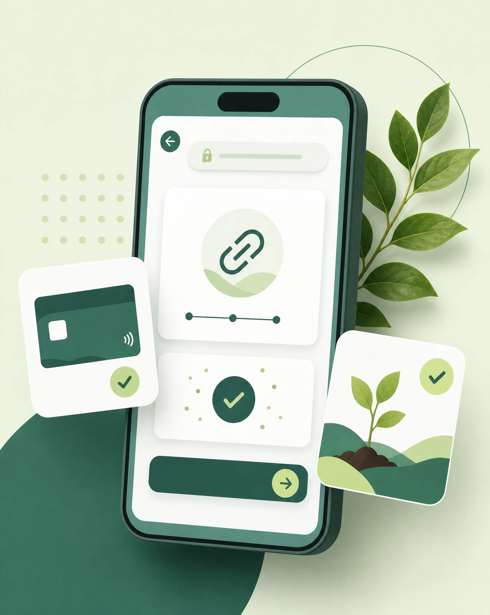 Payment link checkout on a smartphone with payment completed and a verified impact widget showing the project funded.