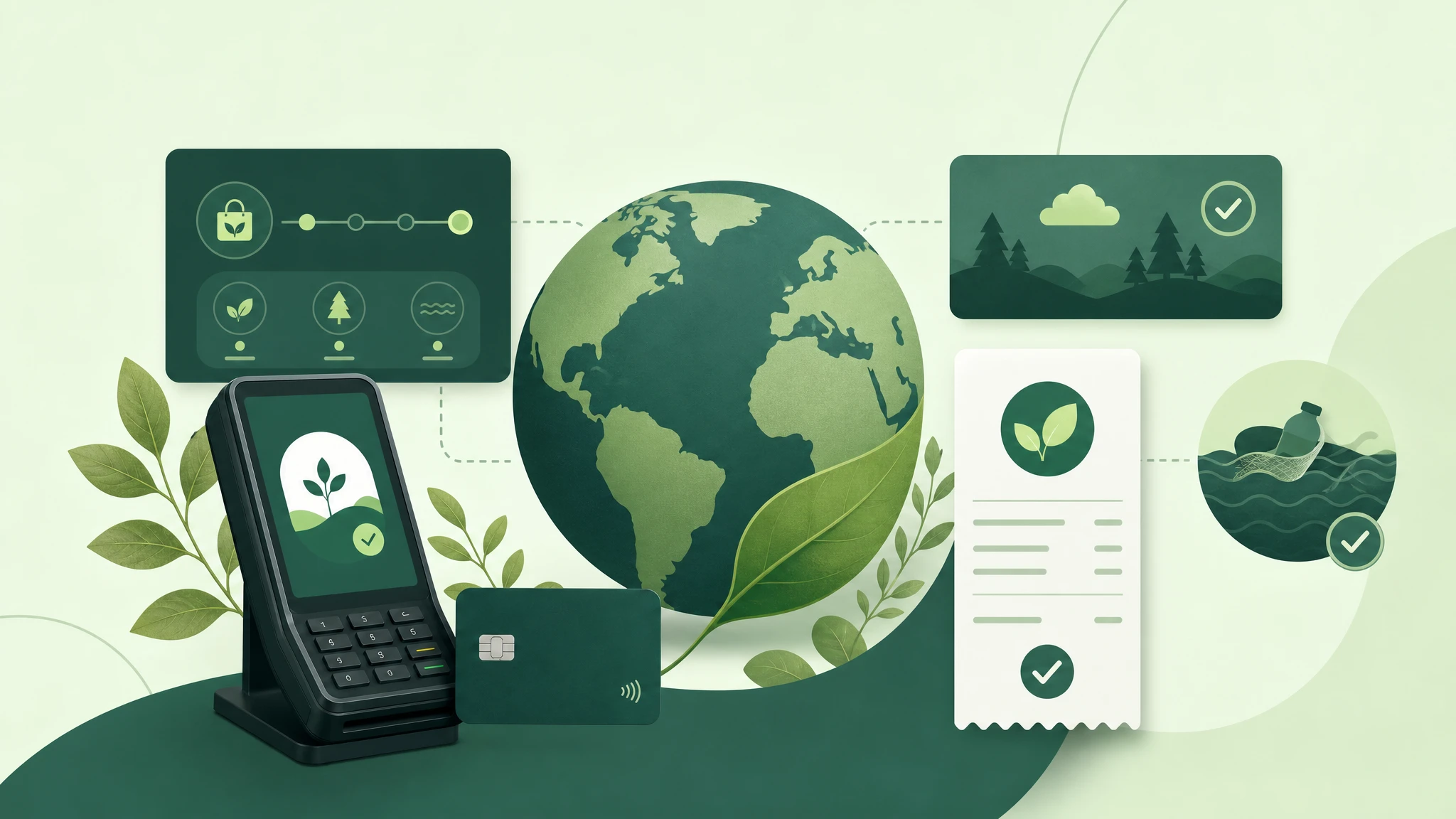 Wide illustration of an Earth Month payment campaign funding verified environmental projects.