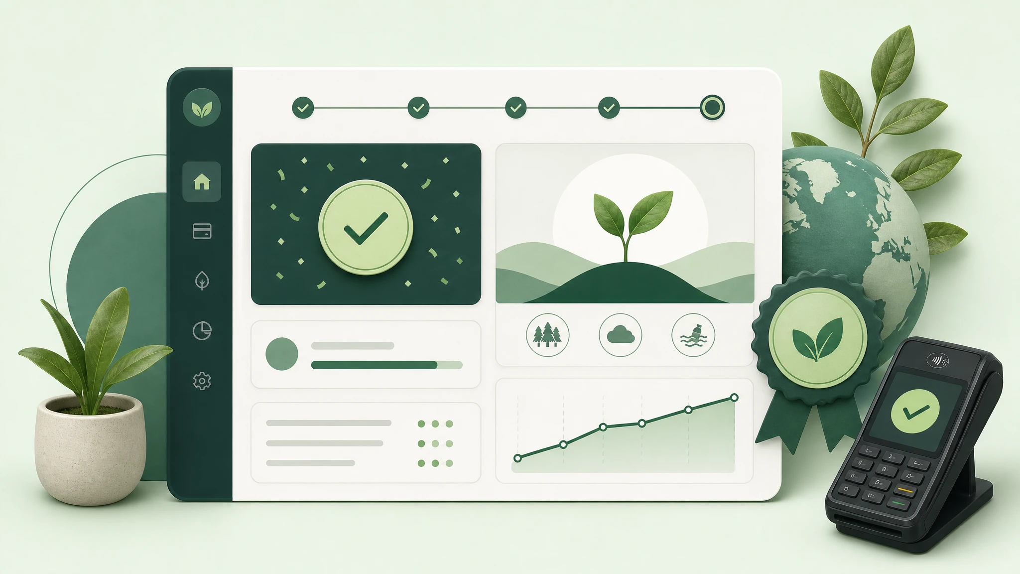 Wide illustration of a new merchant completing their first transaction and funding verified impact.