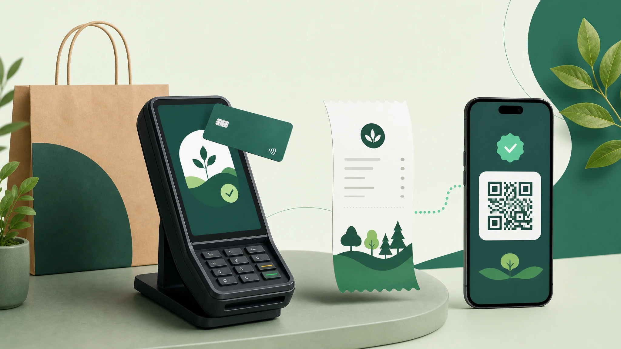 Wide illustration of an in-store POS payment with digital receipt and QR code impact proof.