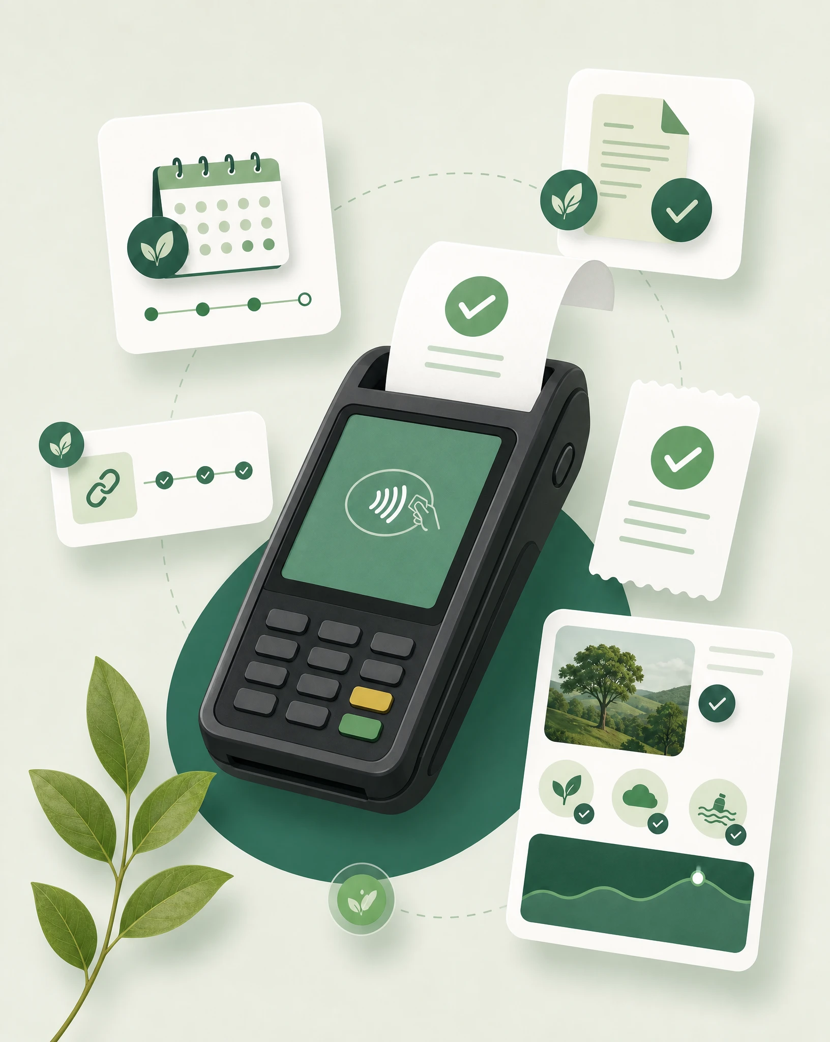 In-person card reader terminal as the focal point with a payment receipt and verified impact widget connected to successful transactions, subscriptions and invoices.