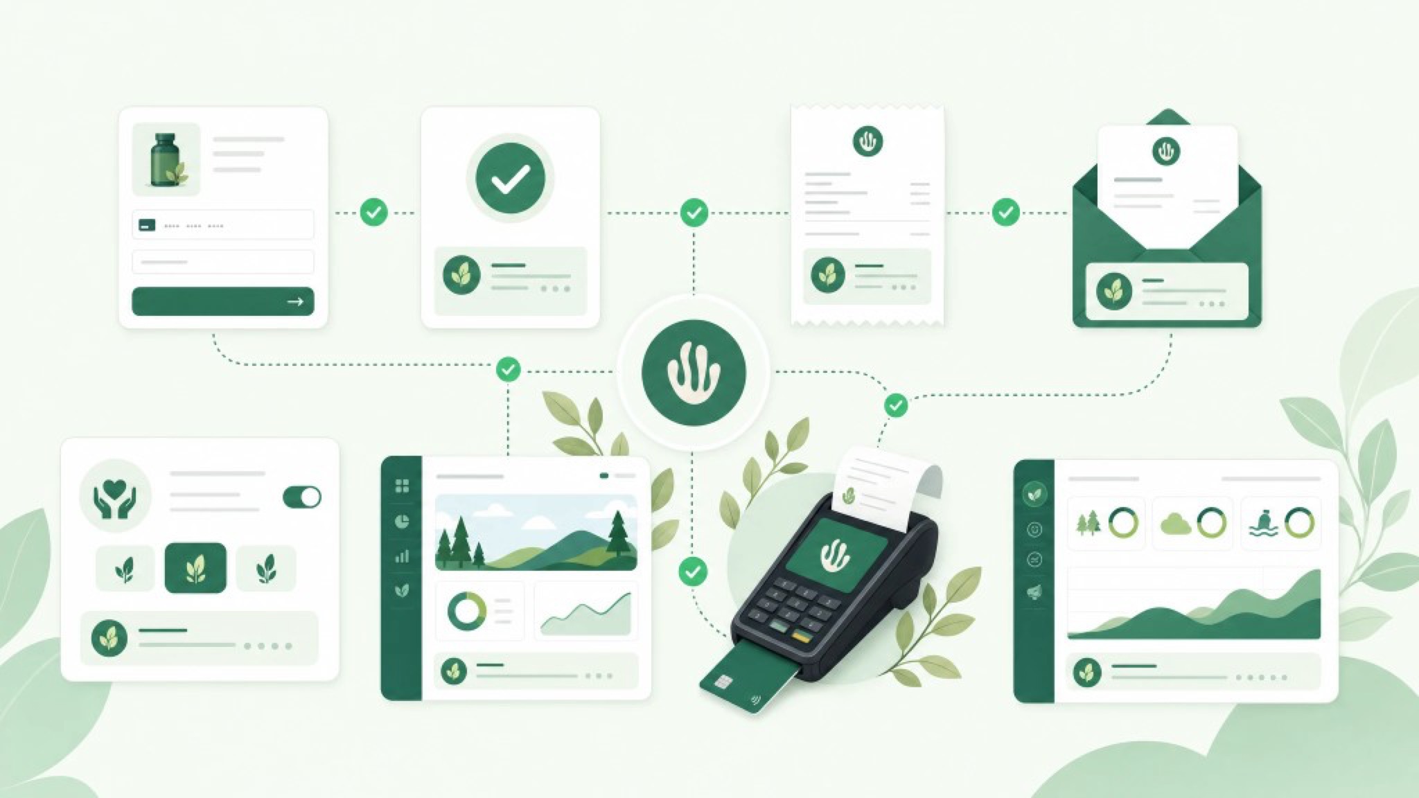 Omnichannel payment impact illustration with the Greenspark logo at the centre connecting checkout, subscriptions, invoices, payment links, POS terminal with receipt and verified impact project cards.