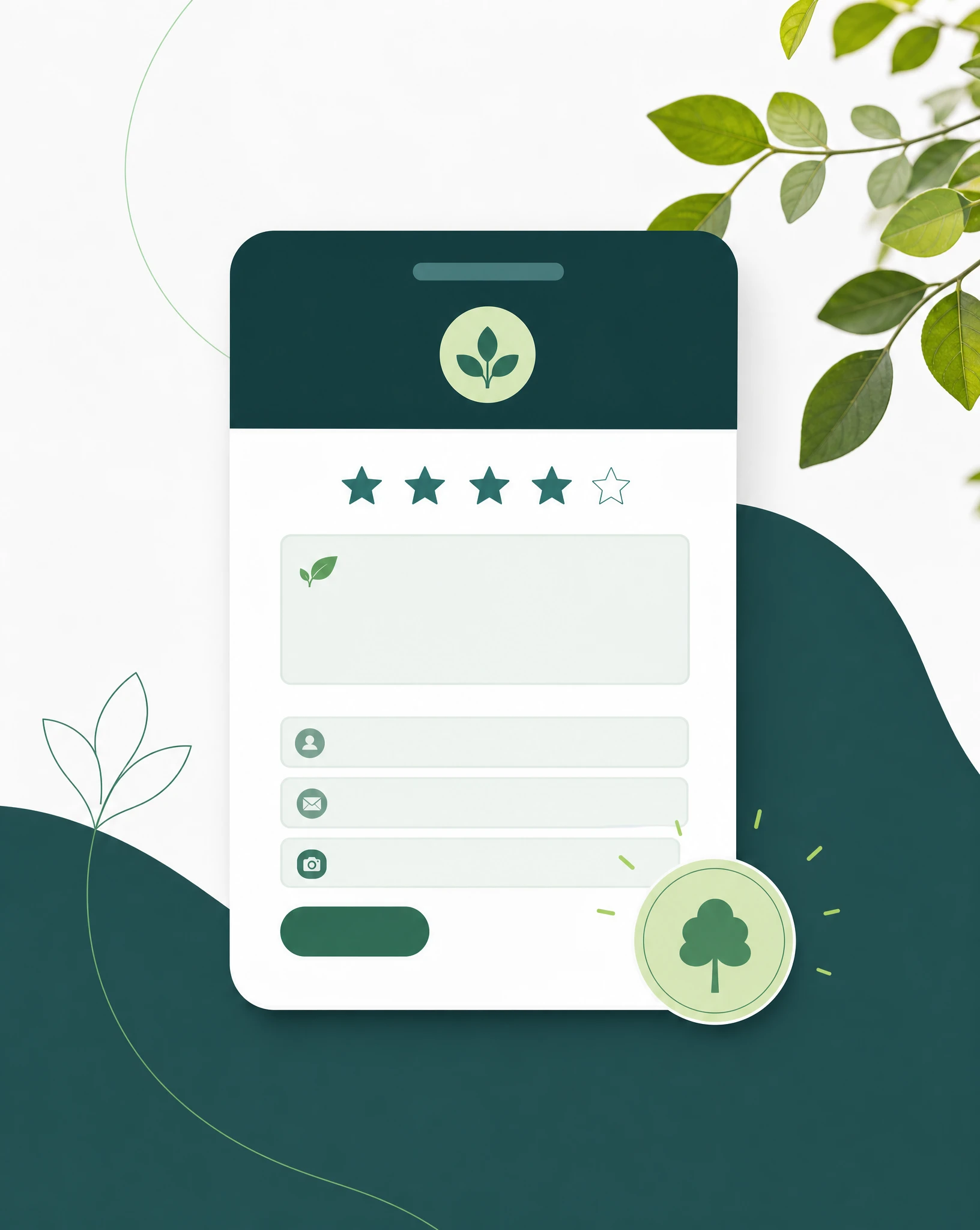 Illustration of a product review request screen with star ratings and an impact reward badge.