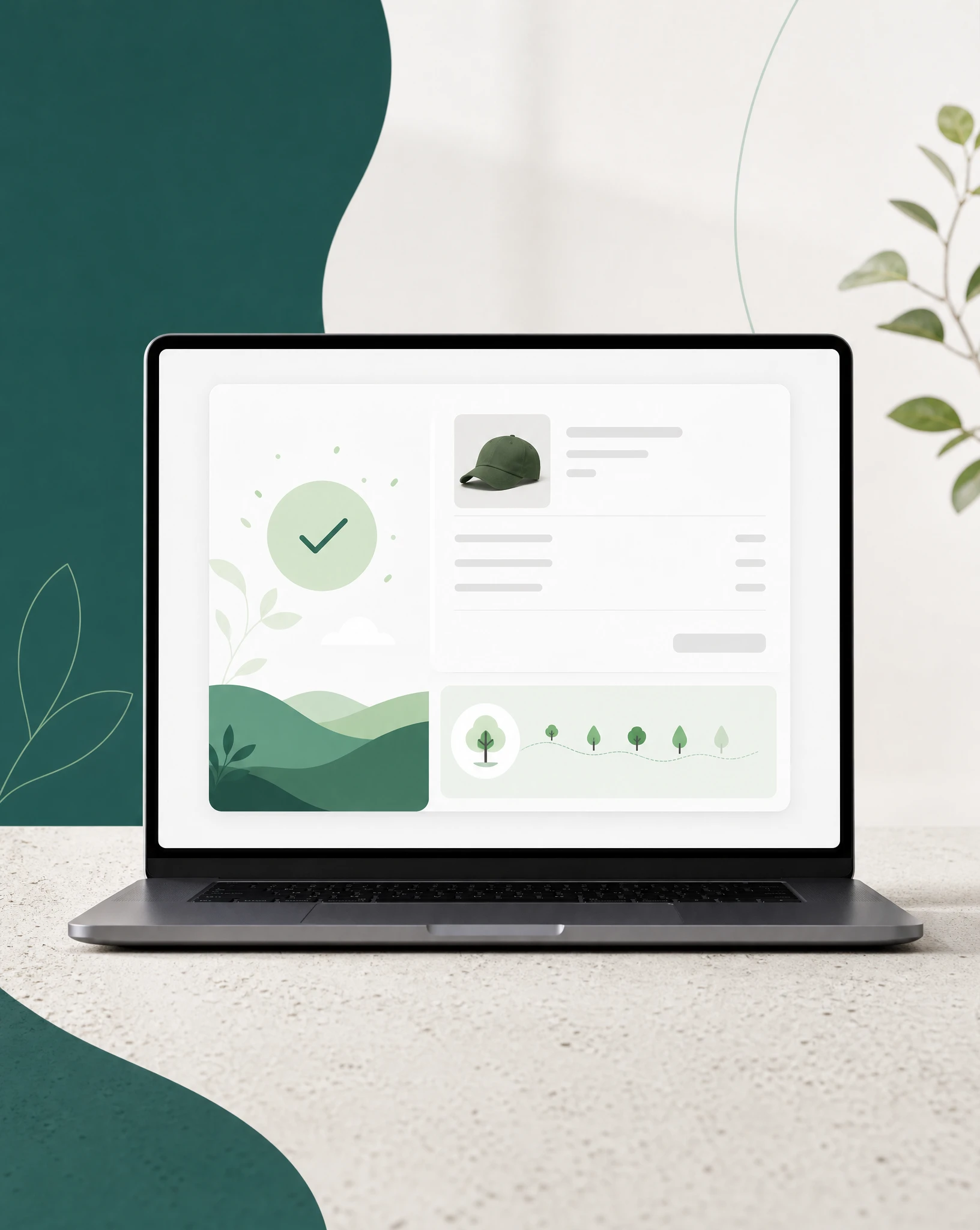 Illustration of an ecommerce order confirmation screen with a Greenspark impact widget on every purchase.