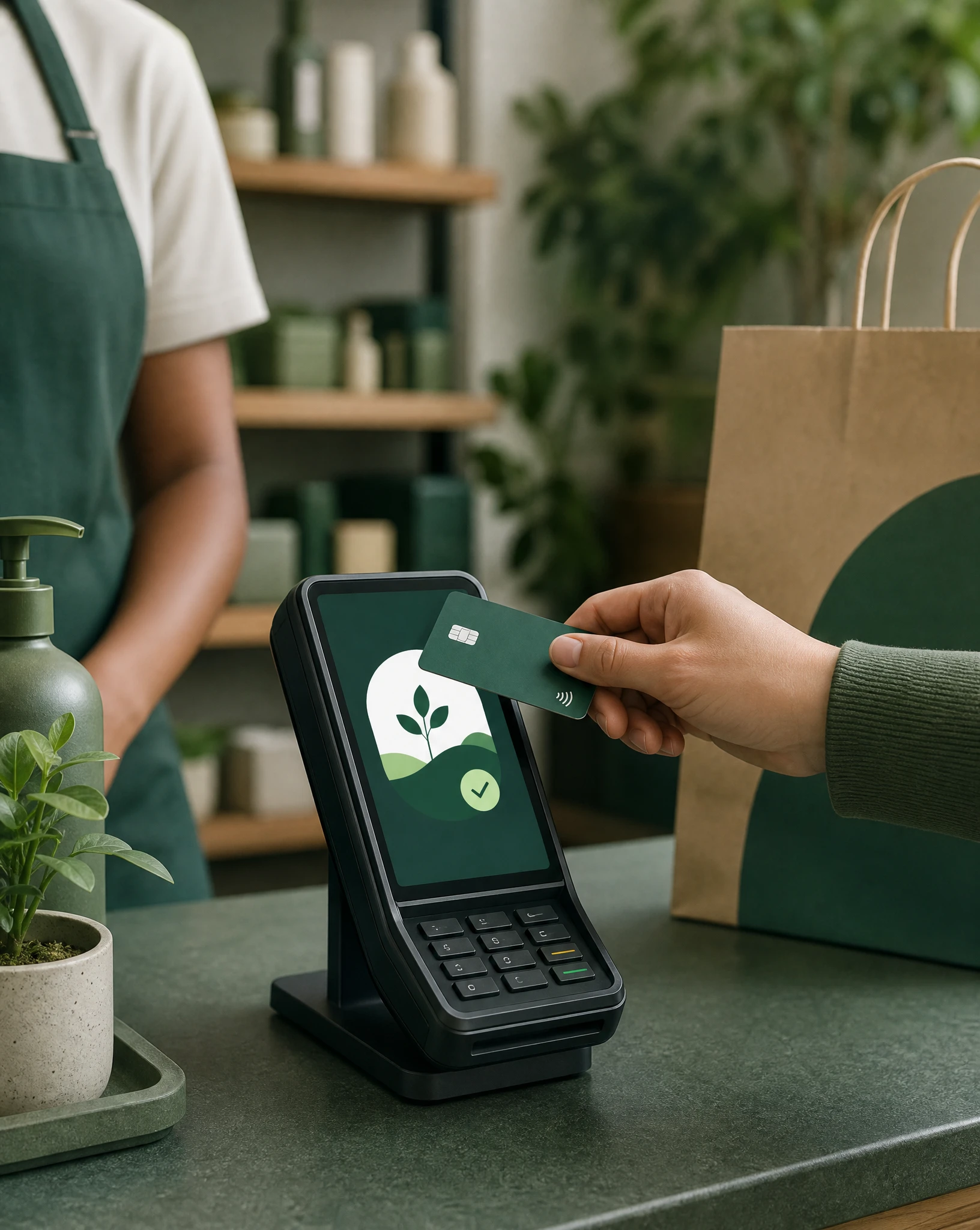 Illustration of an in-store card payment terminal with verified impact linked to the purchase.