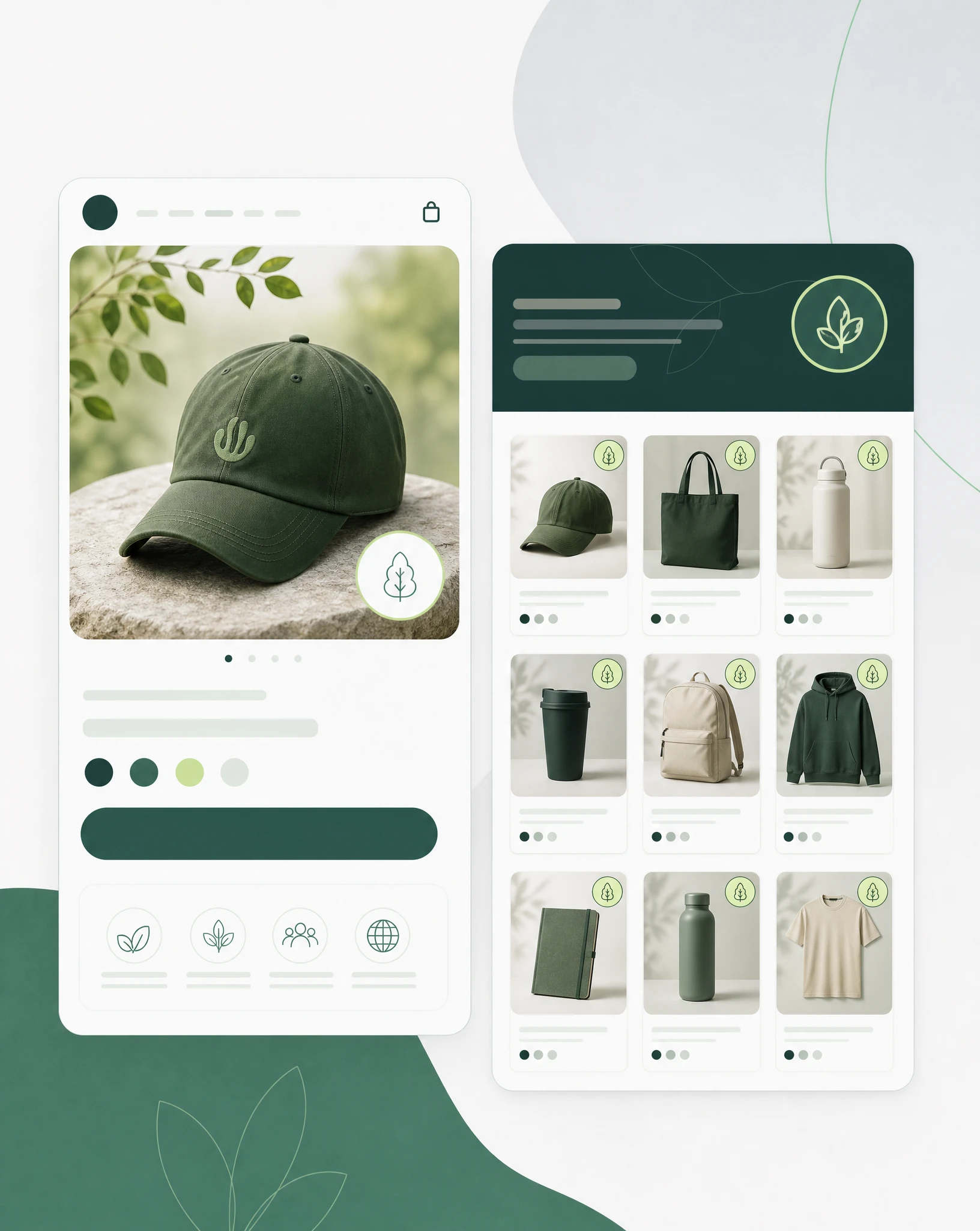 Illustration of an ecommerce product page and collection grid with Greenspark impact widgets on hero SKUs and categories.