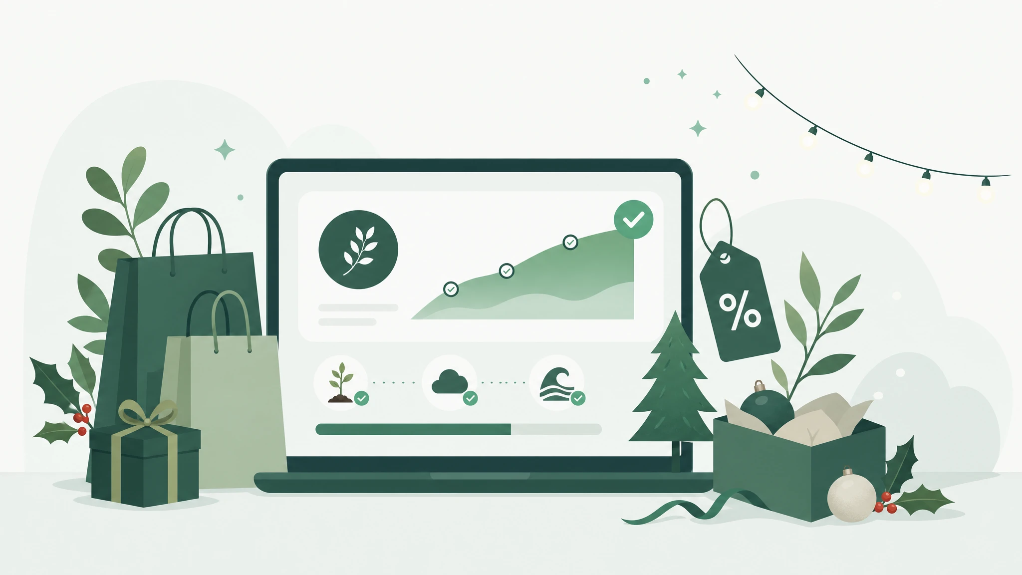 Wide illustration of a festive online sale with measurable verified impact tracking.