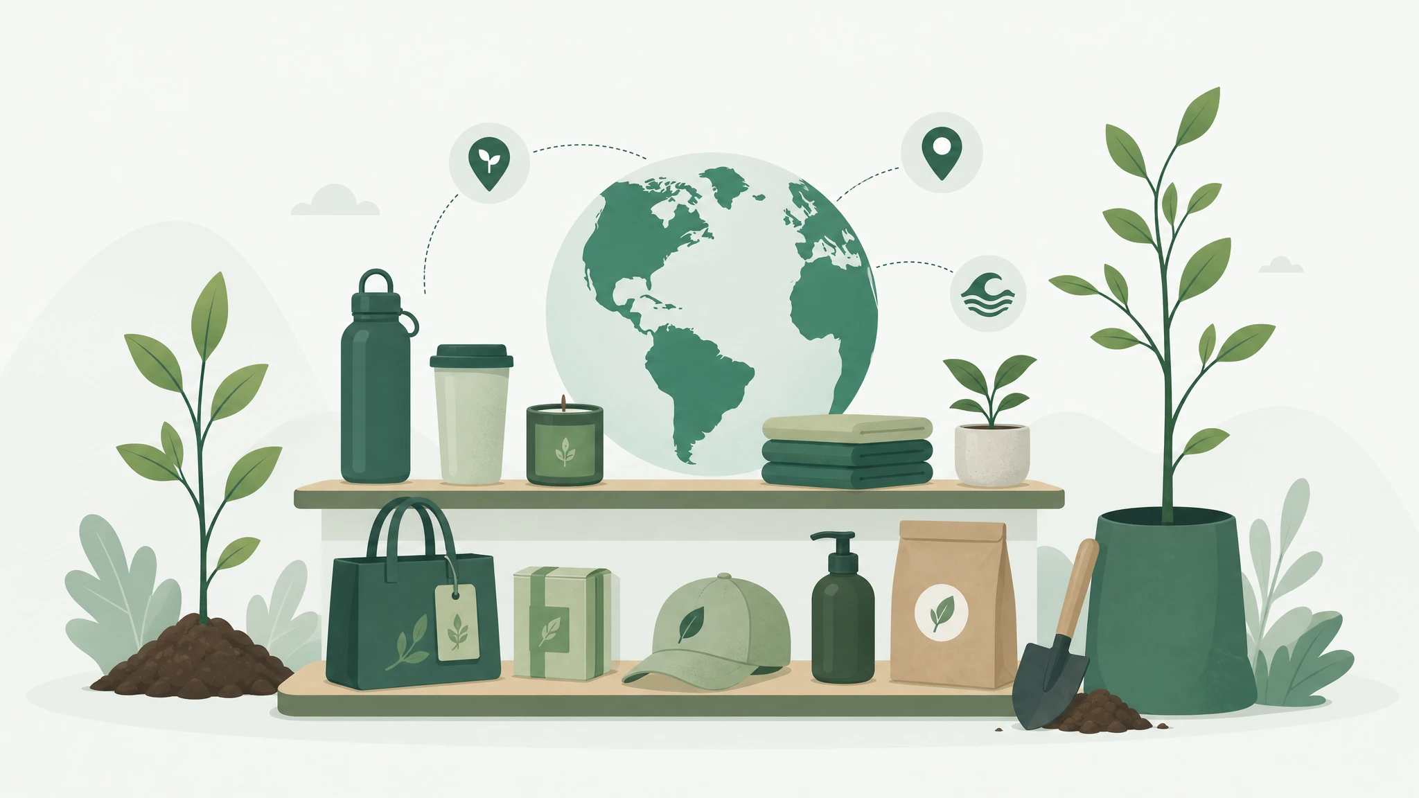 Wide illustration of an Earth Month product range connected to verified environmental projects.