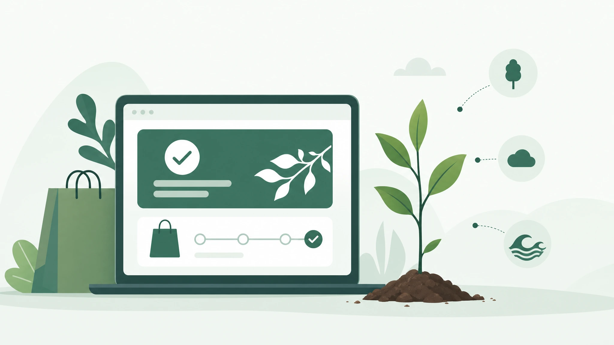 Wide illustration of an ecommerce order confirmation with a tree-planting impact reward on every purchase.