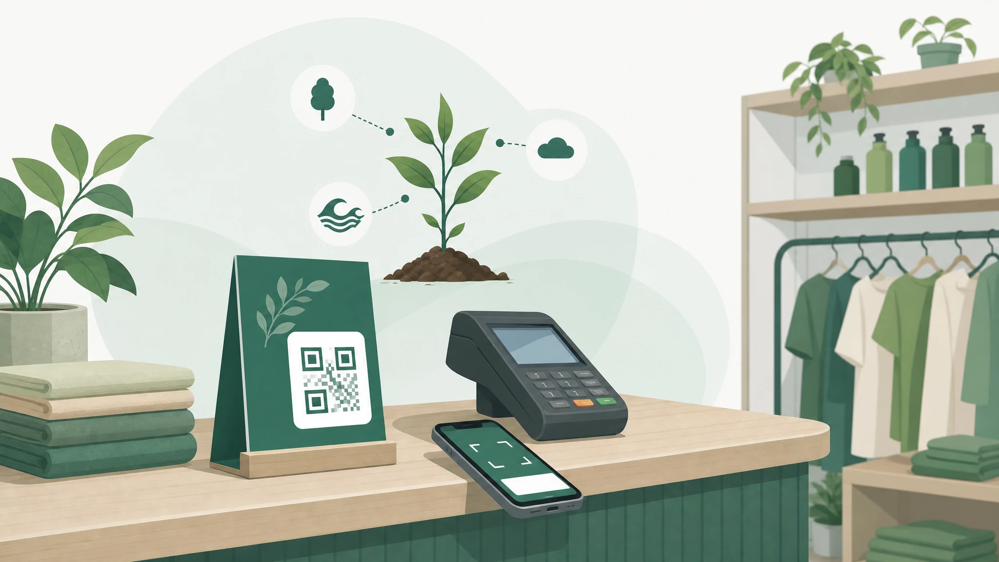 Wide illustration of an empty retail checkout counter with a QR scan stand and payment terminal for in-store scan-to-impact.