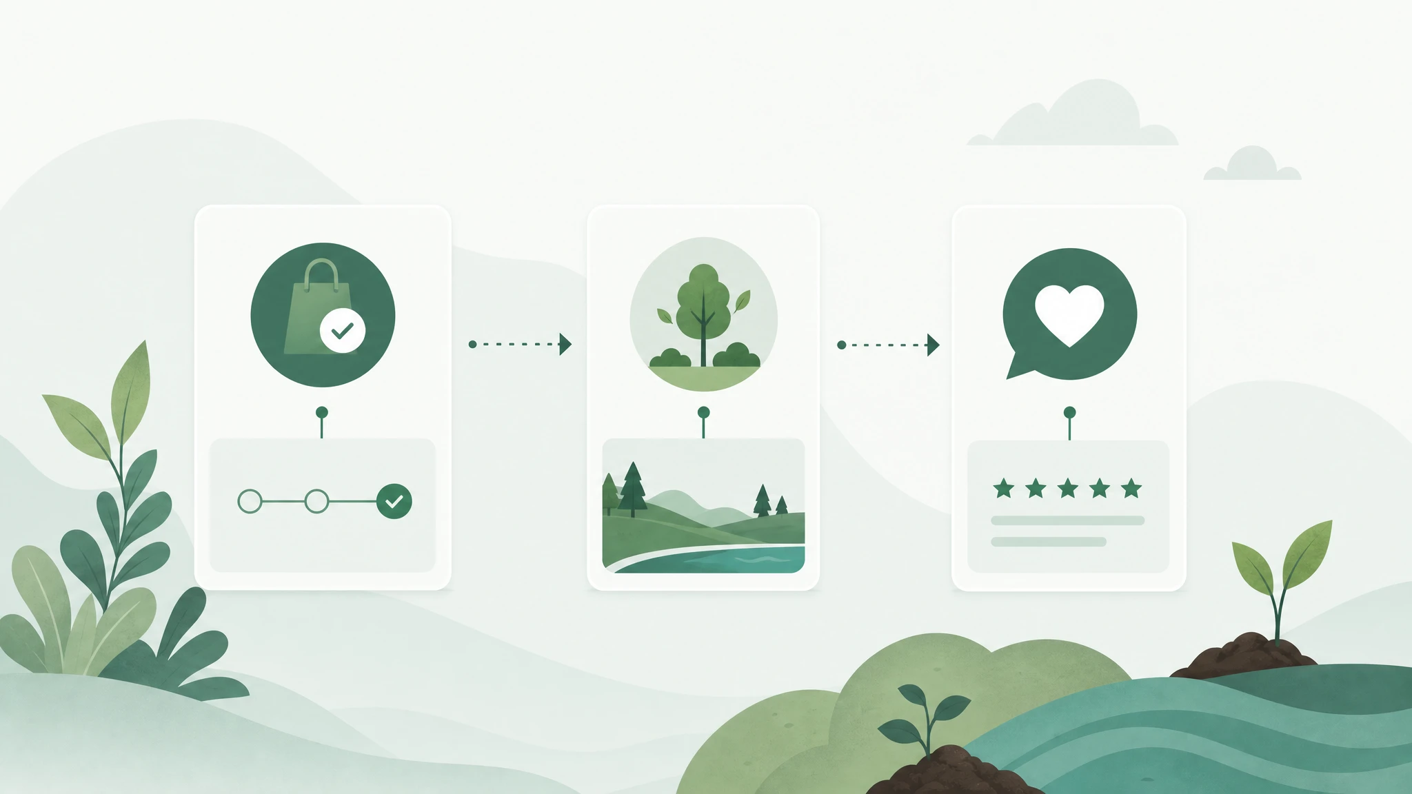 Wide illustration of a post-purchase email flow connected to verified impact updates.