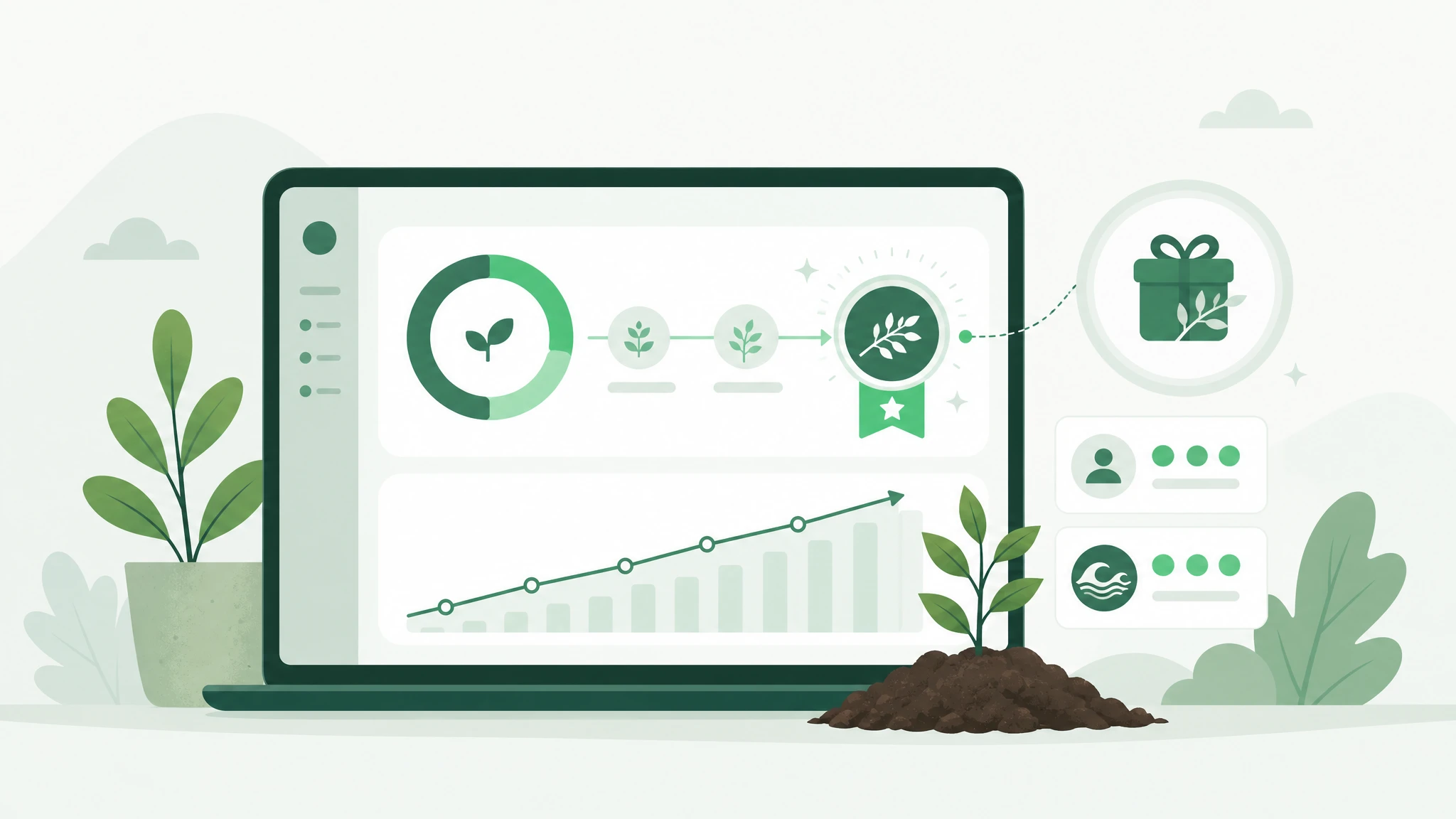Wide illustration of a loyalty account unlocking extra environmental impact at a tier milestone.