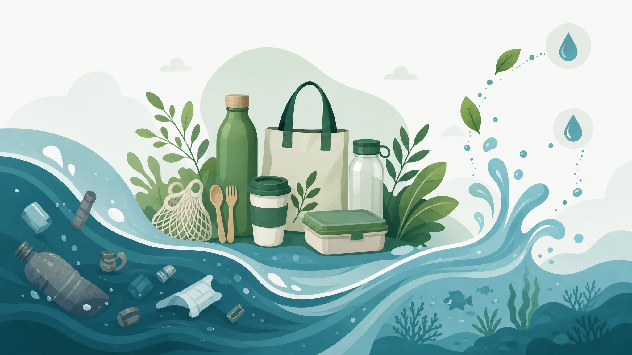 Wide illustration of an eco product collection funding ocean-bound plastic recovery.