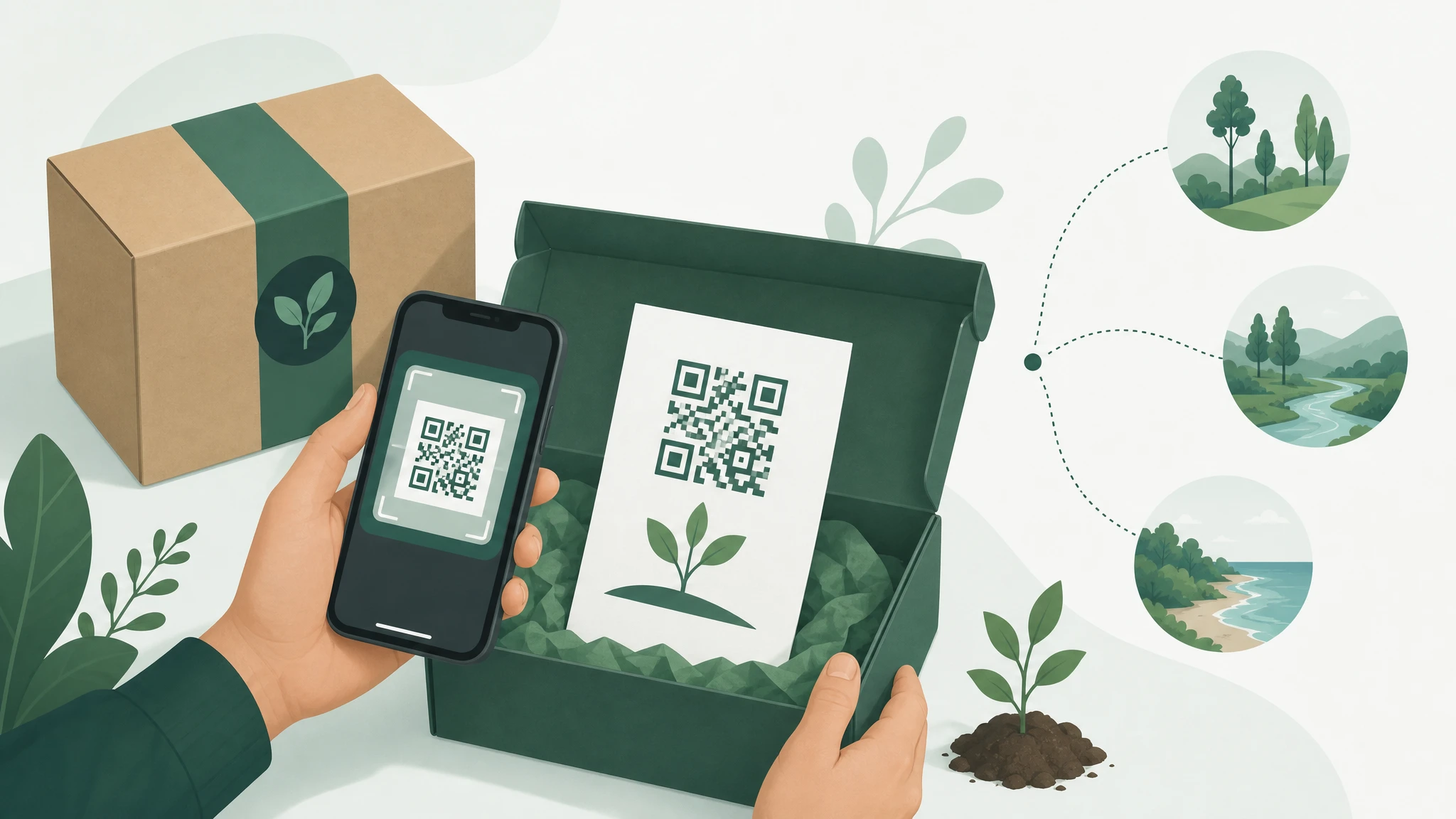 Wide illustration of parcel unboxing with a QR insert linking to funded impact projects.