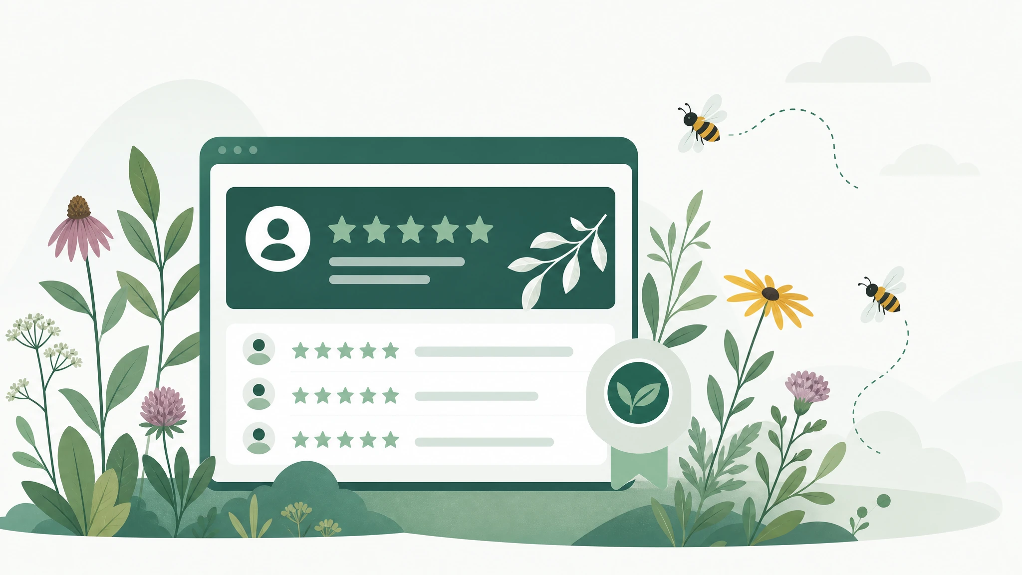 Wide illustration of a product review screen with star ratings and pollinator protection imagery.